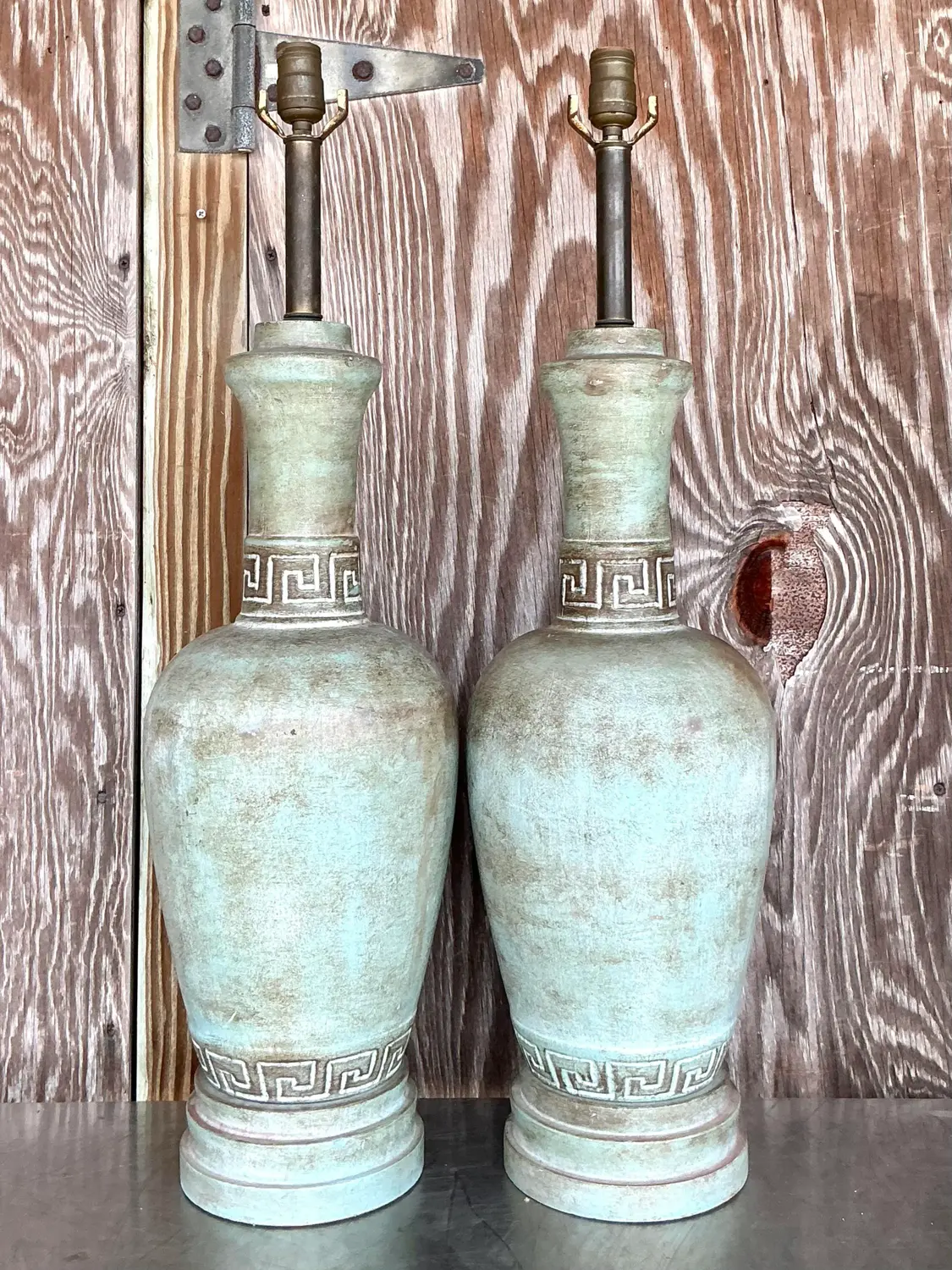 Vintage Boho Greek Key Matte Glazed Ceramic Lamps - a Pair - Top view