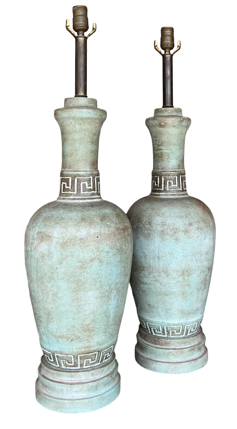 Vintage Boho Greek Key Matte Glazed Ceramic Lamps - a Pair