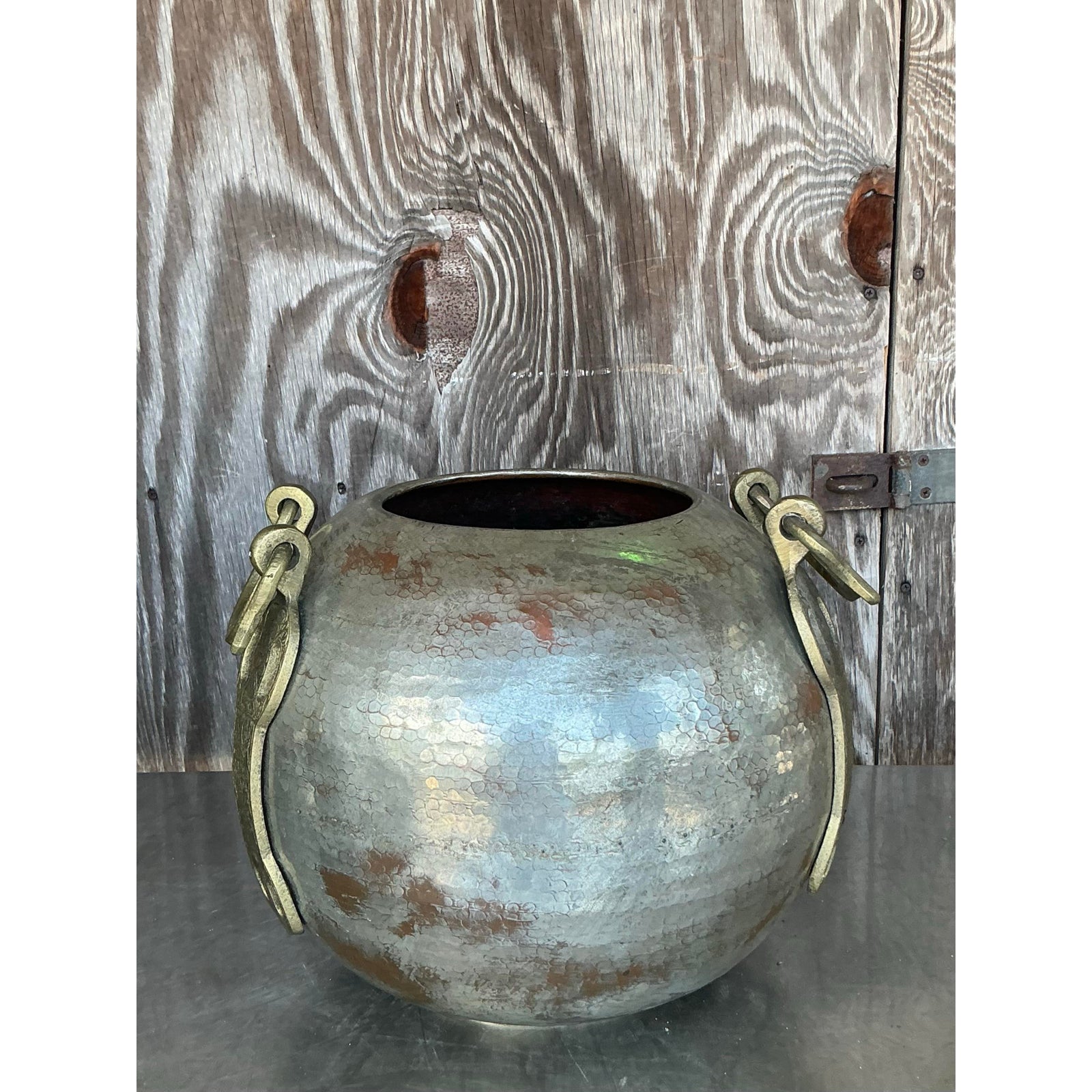 Vintage Boho Hammered Copper and Brass Vase - Side view