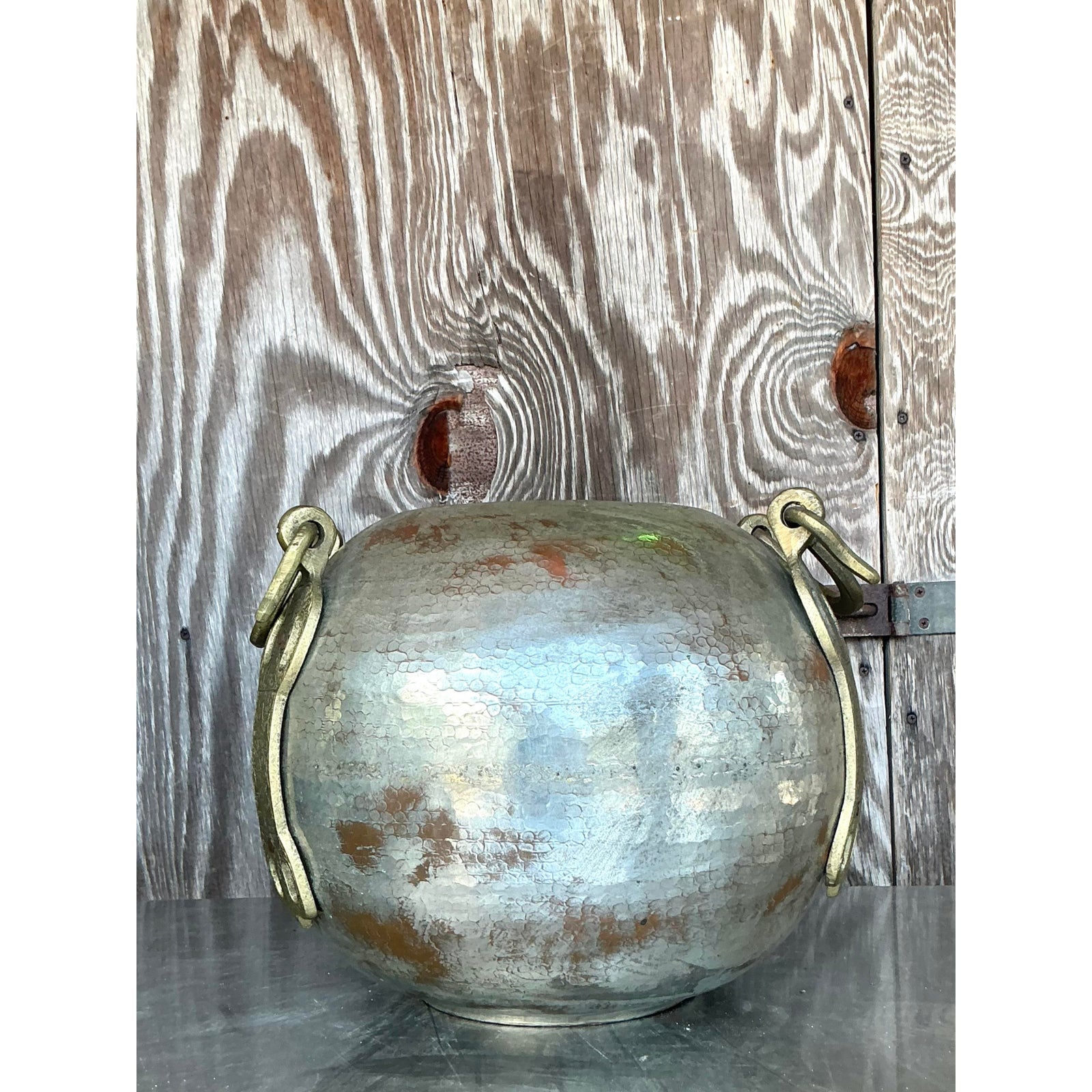 Vintage Boho Hammered Copper and Brass Vase - Top view