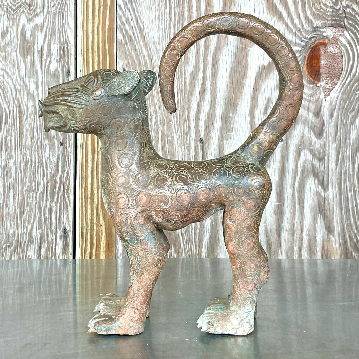 Vintage Boho Hammered Iron Cat - Side view