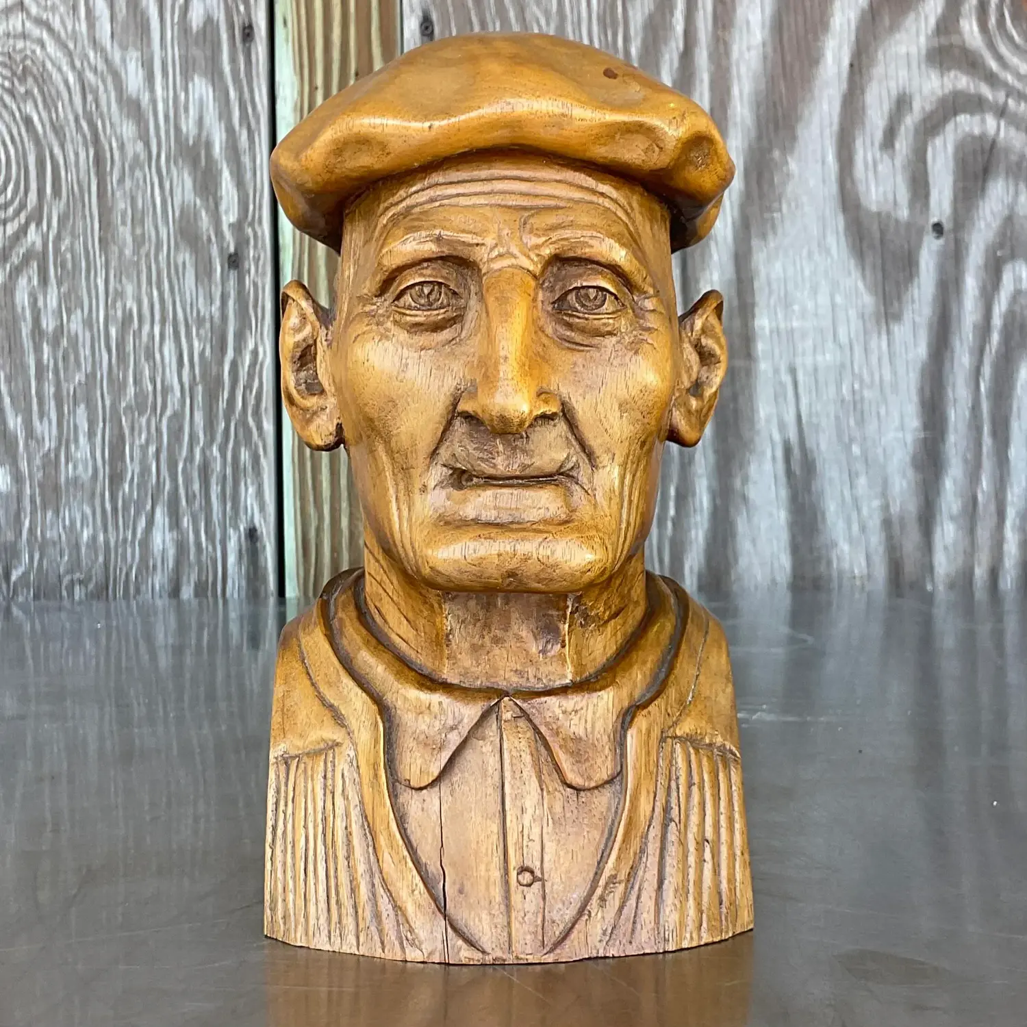 Vintage Boho Hand Carved Bust of Man - Detail view