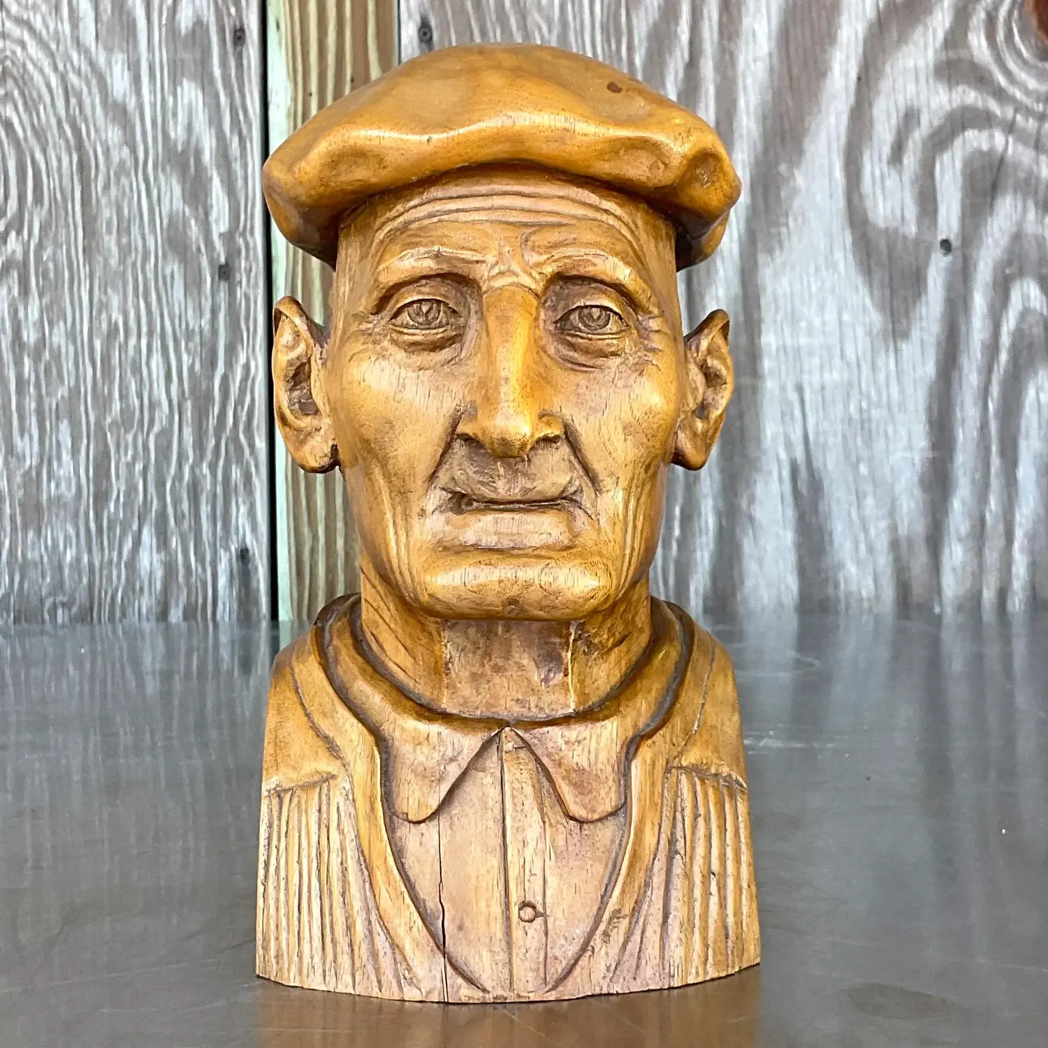 Vintage Boho Hand Carved Bust of Man - Top view