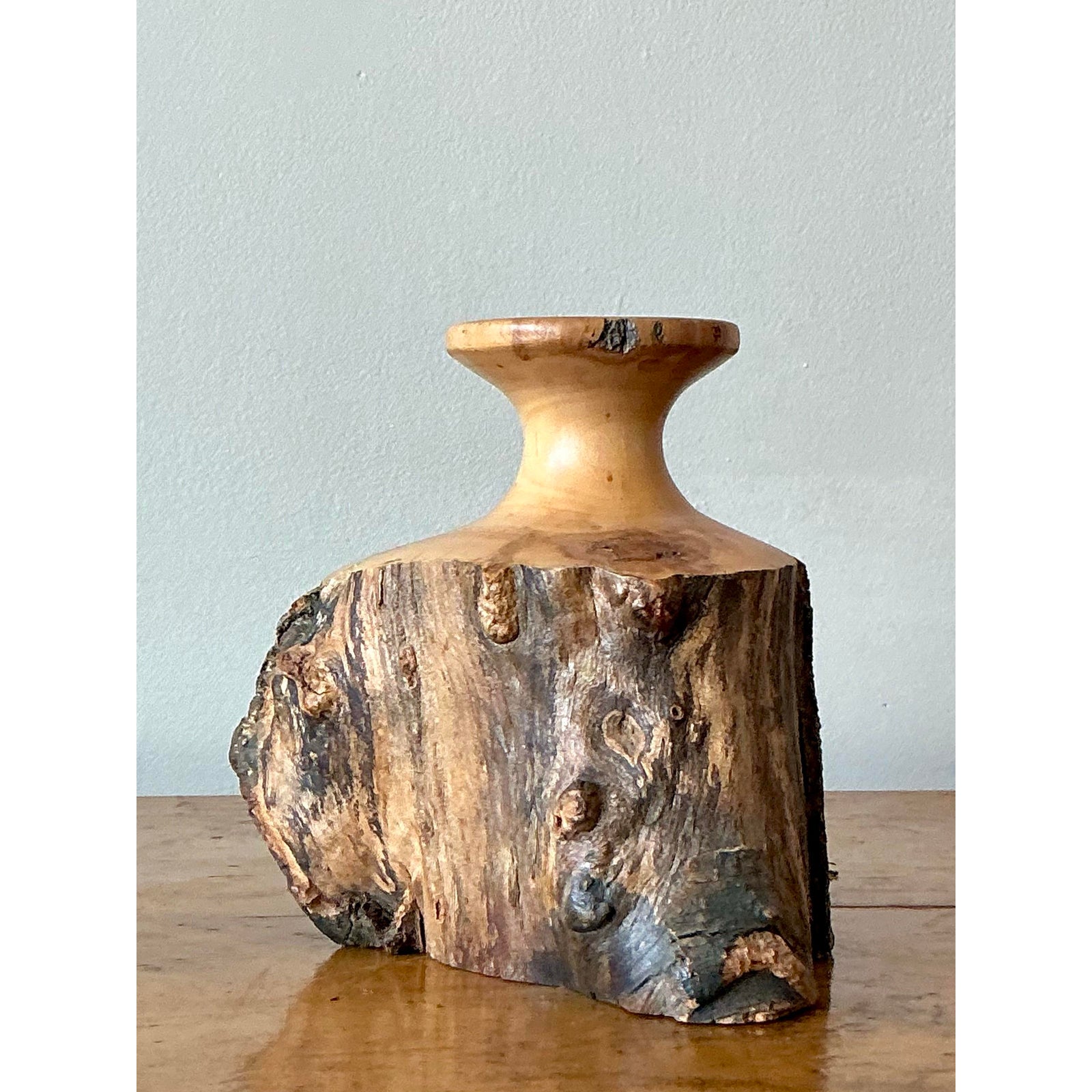 Vintage Boho Hand Carved Cypress Knot Vase - Top view