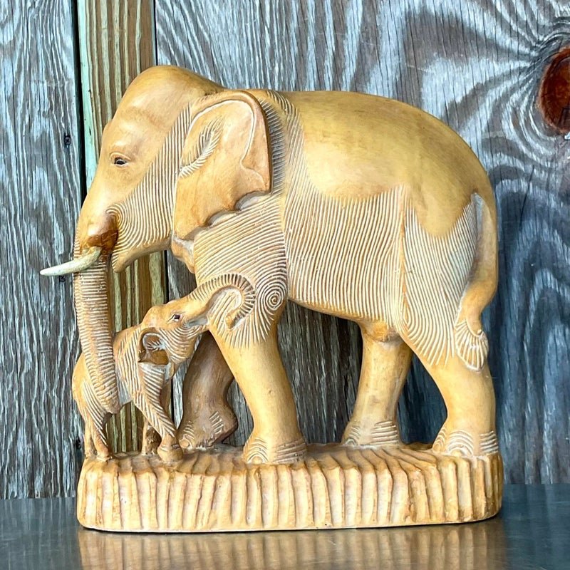 Vintage Boho Hand Carved Elephants Sculpture - Detail view