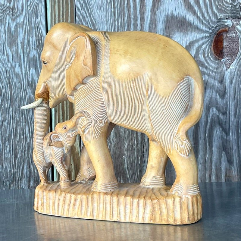 Vintage Boho Hand Carved Elephants Sculpture - Back view
