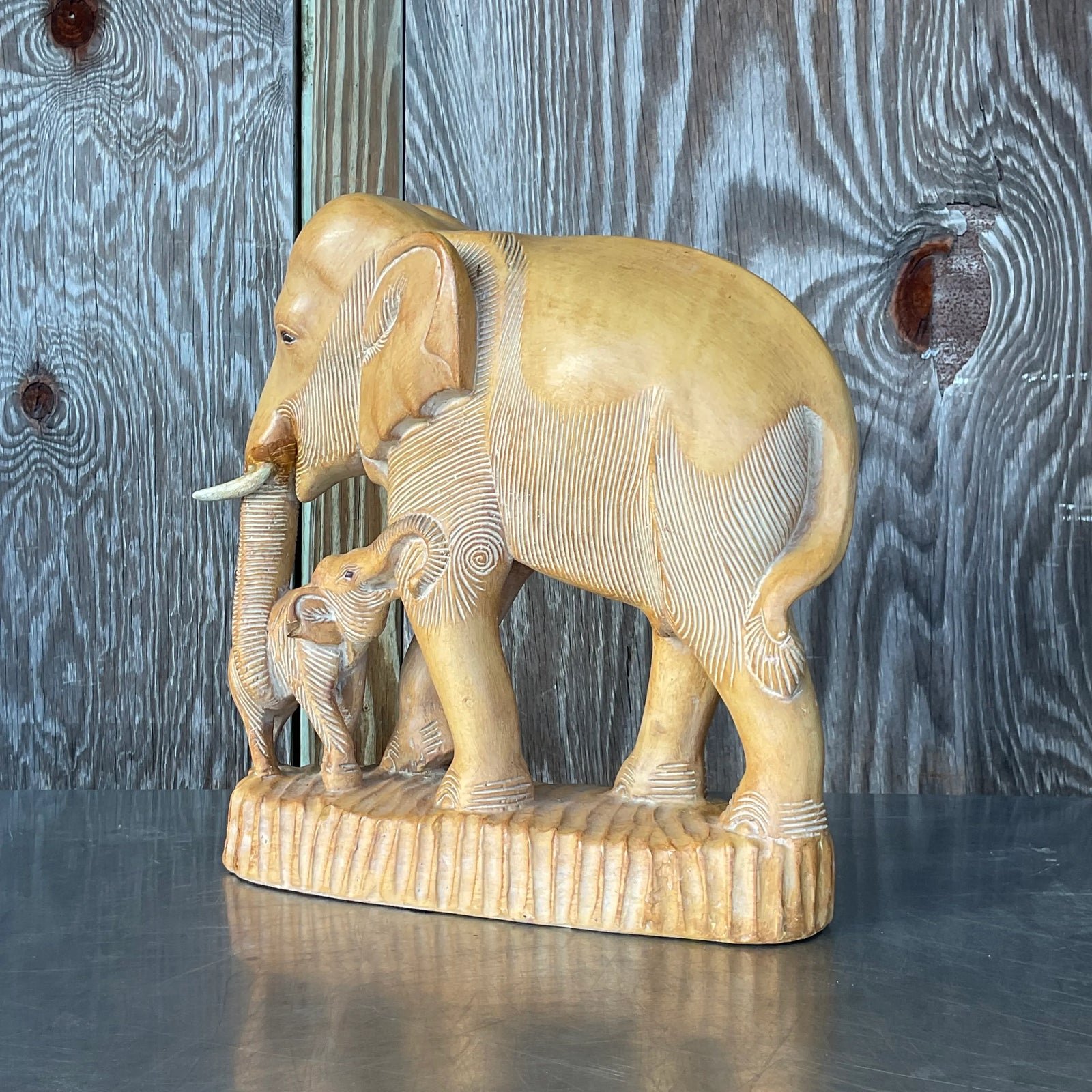 Vintage Boho Hand Carved Elephants Sculpture - Side view