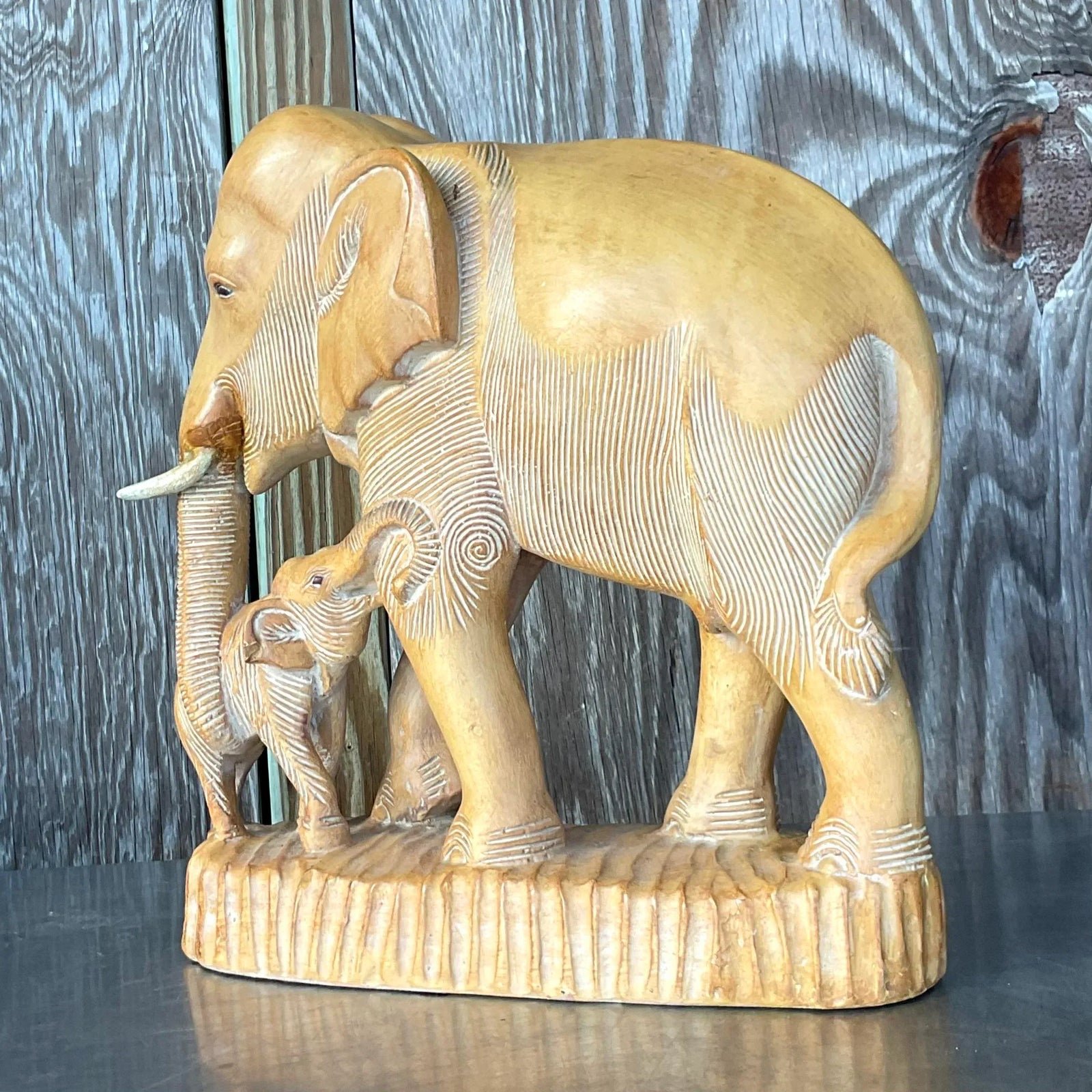Vintage Boho Hand Carved Elephants Sculpture - Top view