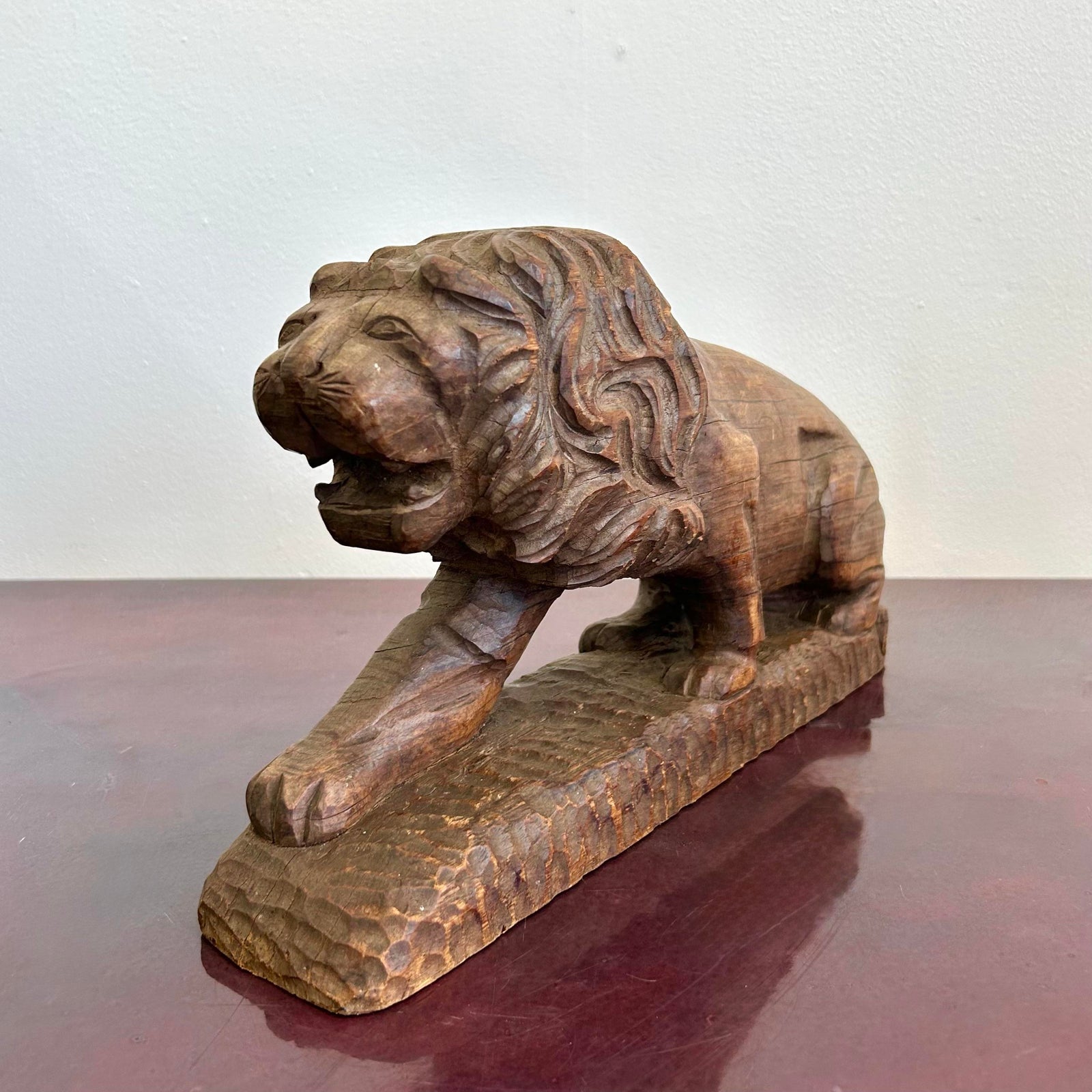 Vintage Boho Hand-Carved Lion Sculpture - Side view