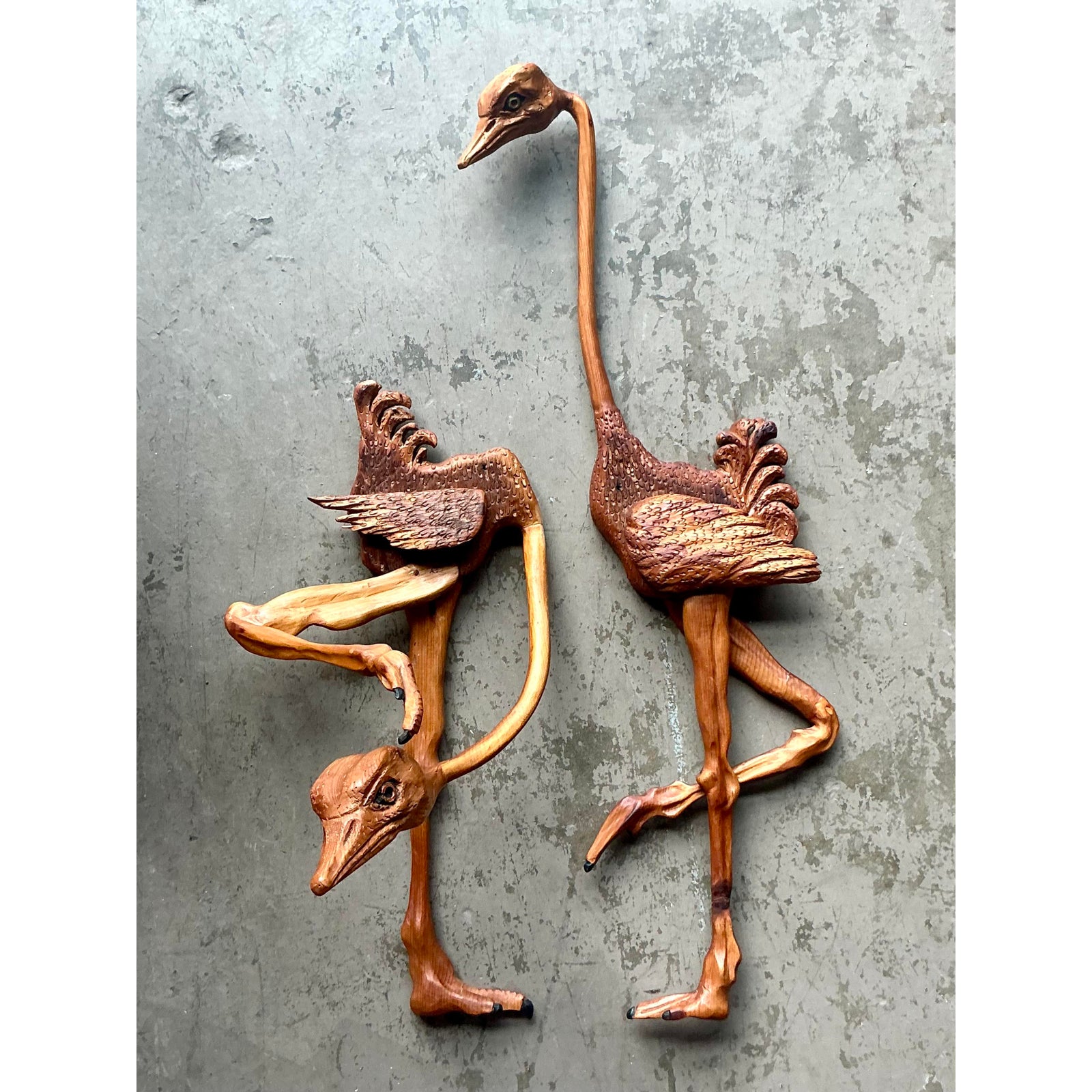 Vintage Boho Hand Carved Ostrich - A Pair - Top view