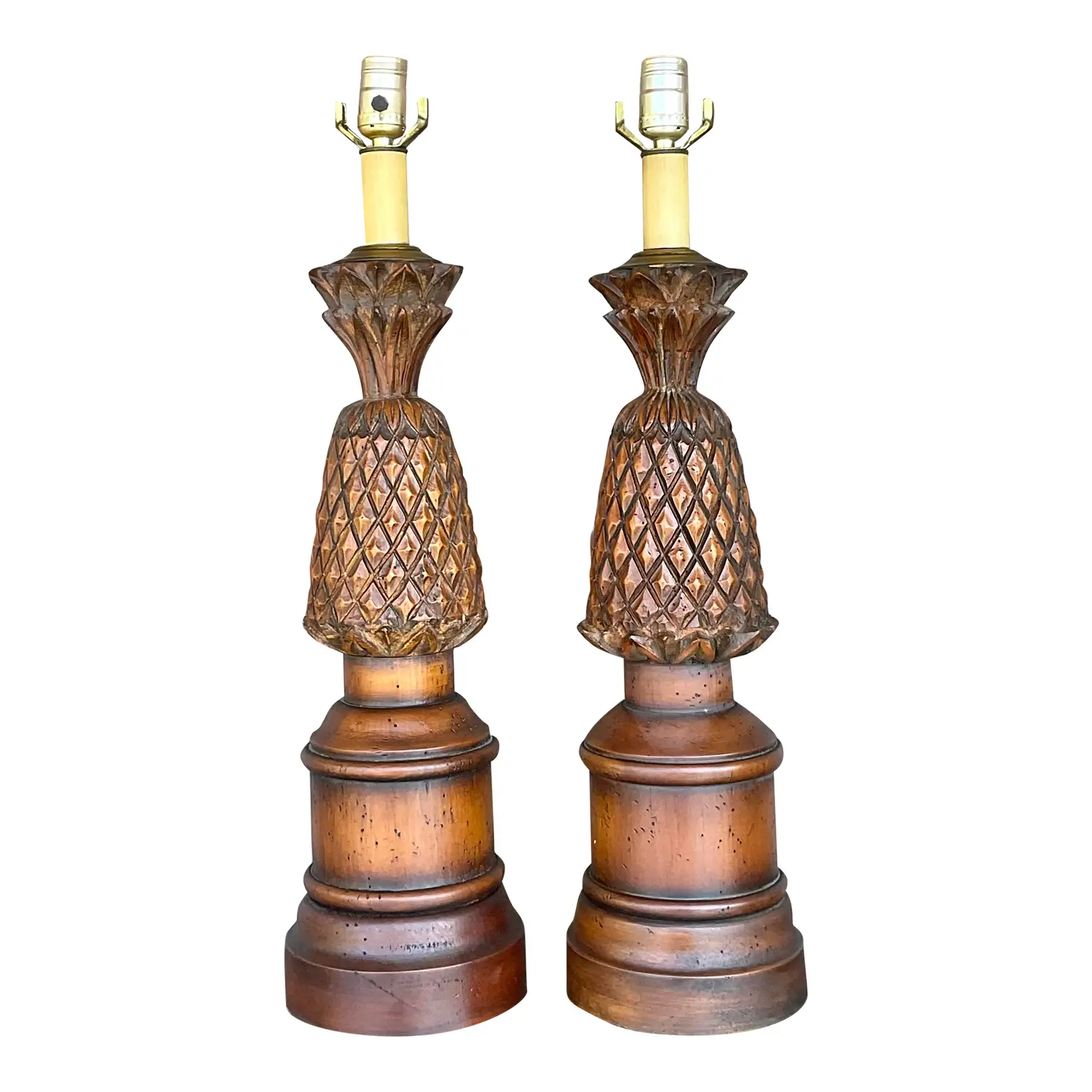 Vintage Boho Hand Carved Pineapple Lamps - a Pair
