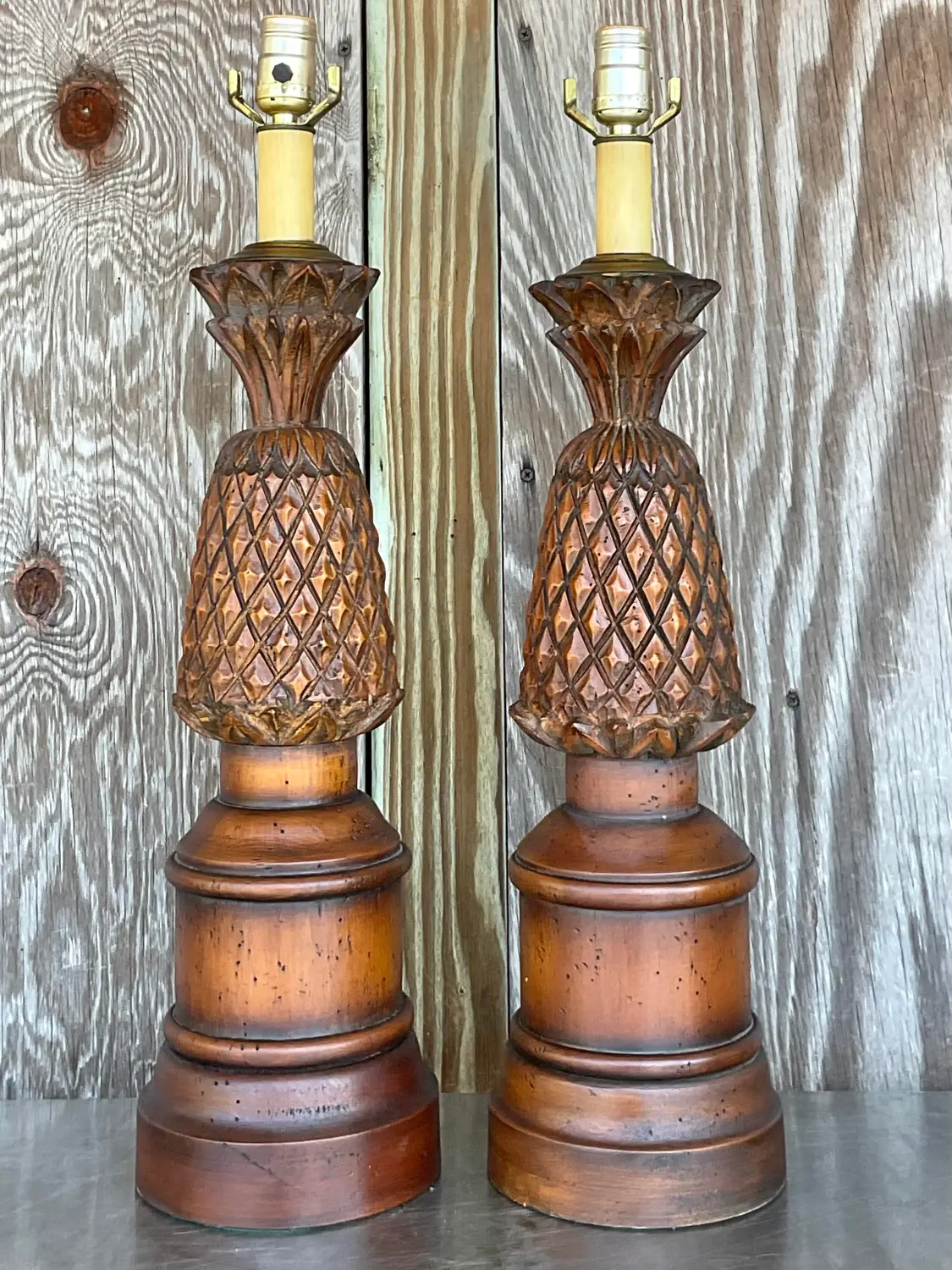 Vintage Boho Hand Carved Pineapple Lamps - a Pair - Detail view