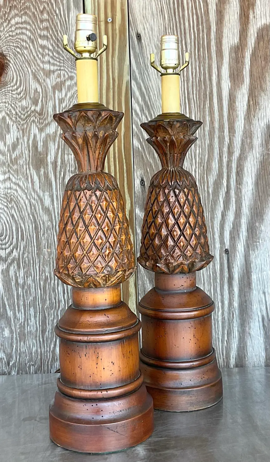 Vintage Boho Hand Carved Pineapple Lamps - a Pair - Top view