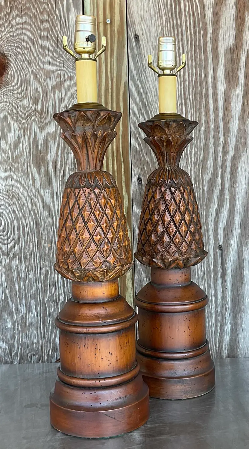 Vintage Boho Hand Carved Pineapple Lamps - a Pair - Back view