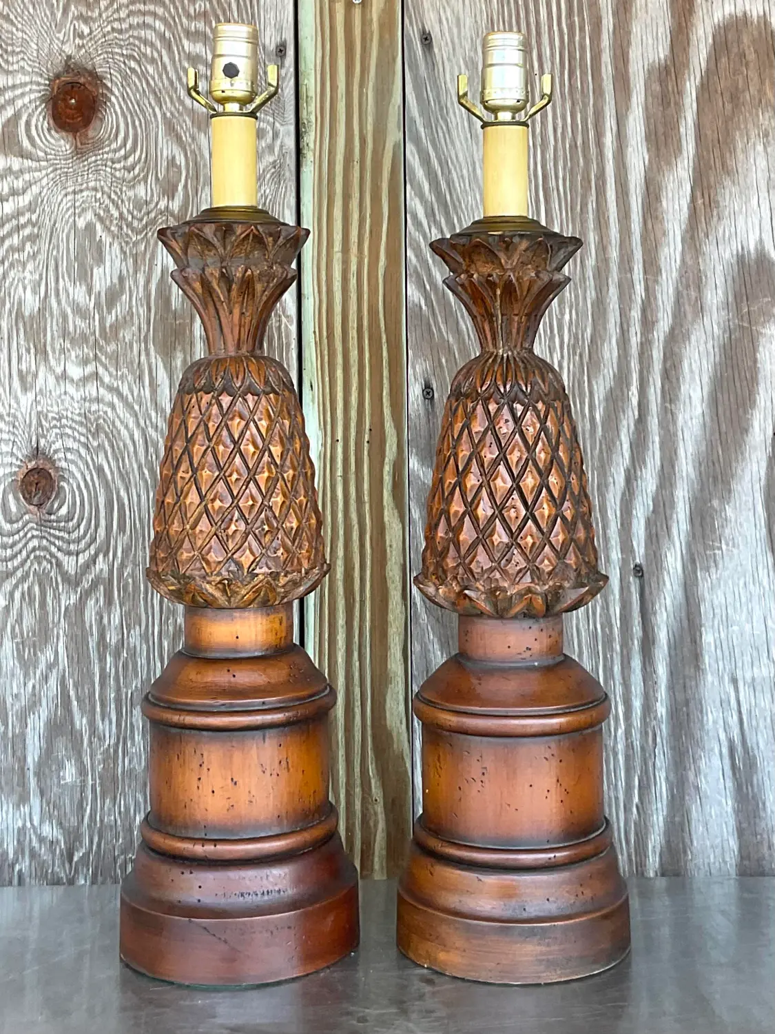 Vintage Boho Hand Carved Pineapple Lamps - a Pair - Side view