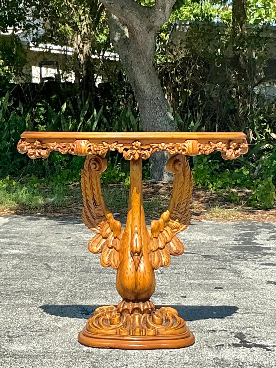 Vintage Boho Hand Carved Swan Demilune Table - Detail view