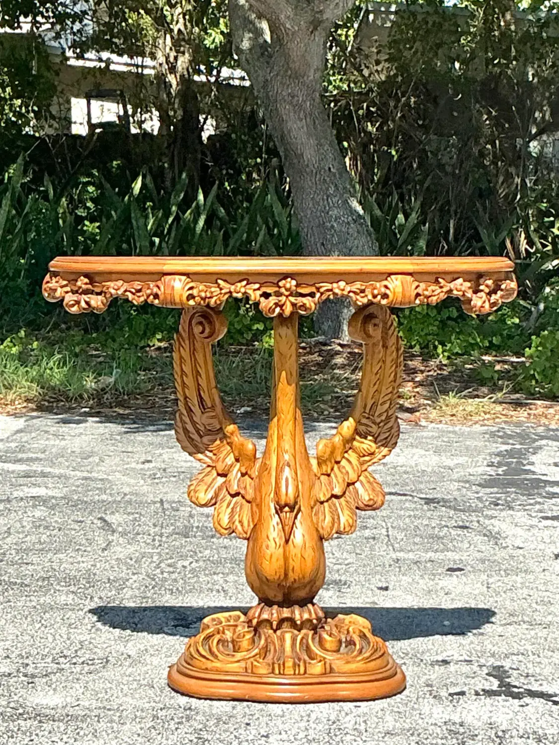 Vintage Boho Hand Carved Swan Demilune Table - Back view