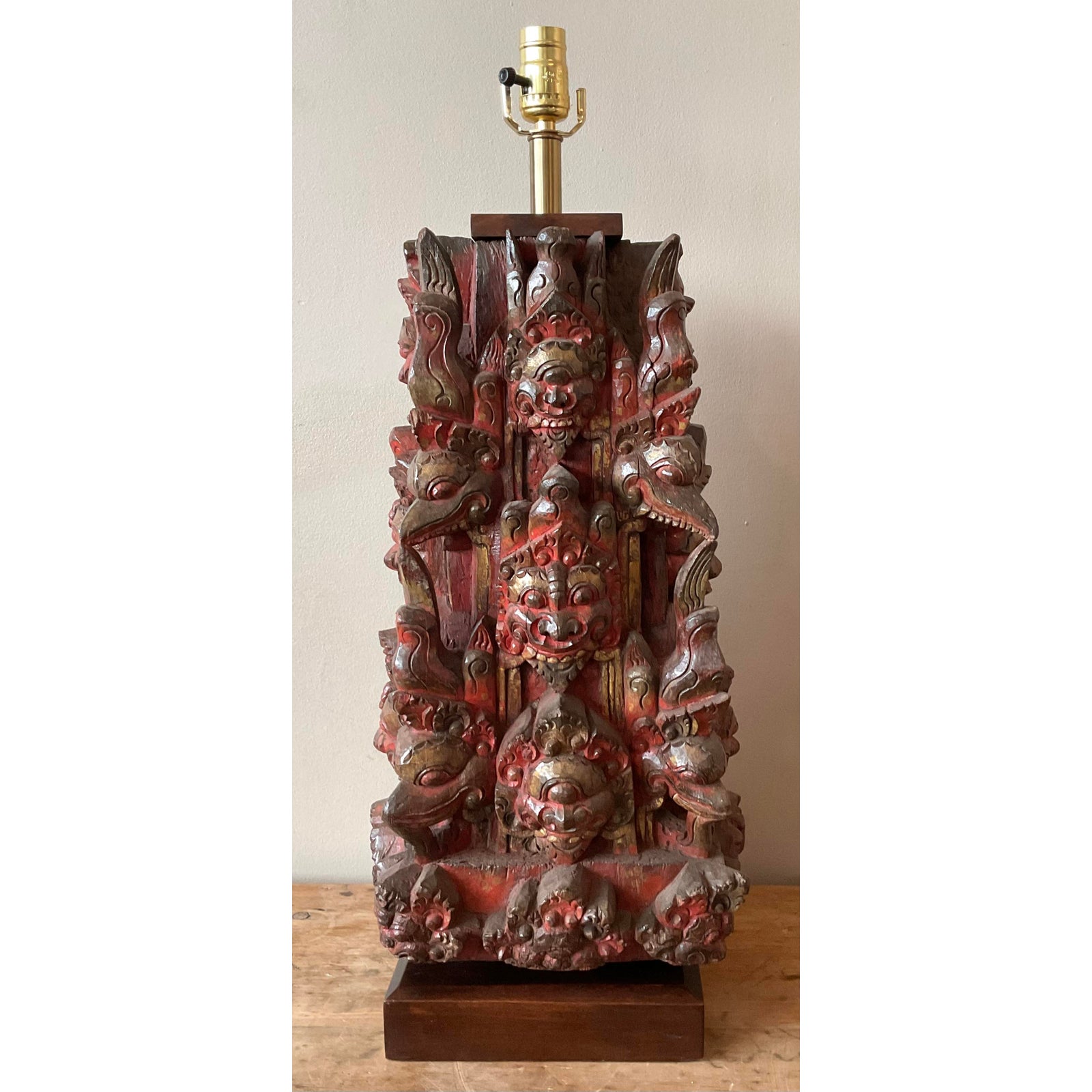 Vintage Boho Hand Carved Temple Mask Lamp - Back view