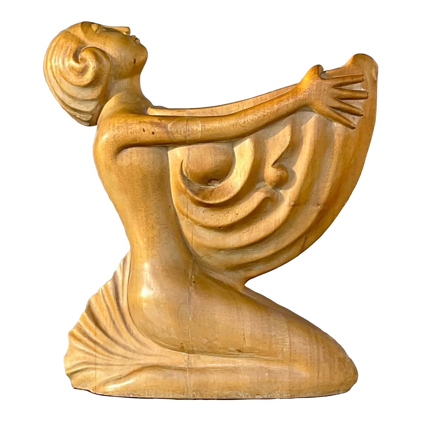 Vintage Boho Hand Carved Wooden Lady With Nautilus