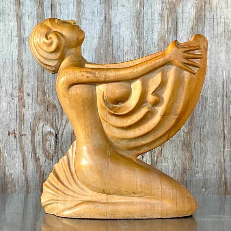 Vintage Boho Hand Carved Wooden Lady With Nautilus - Detail view