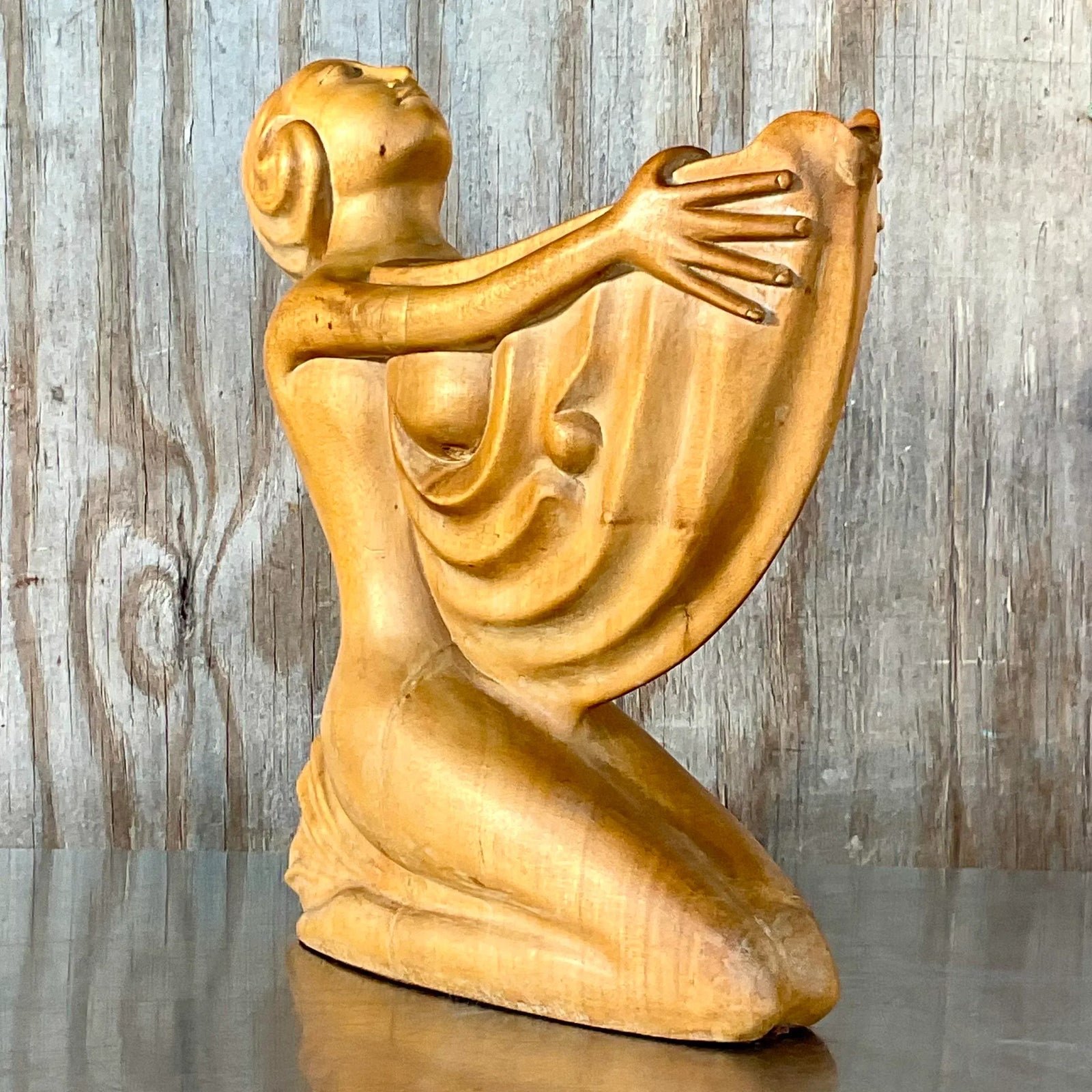 Vintage Boho Hand Carved Wooden Lady With Nautilus - Top view