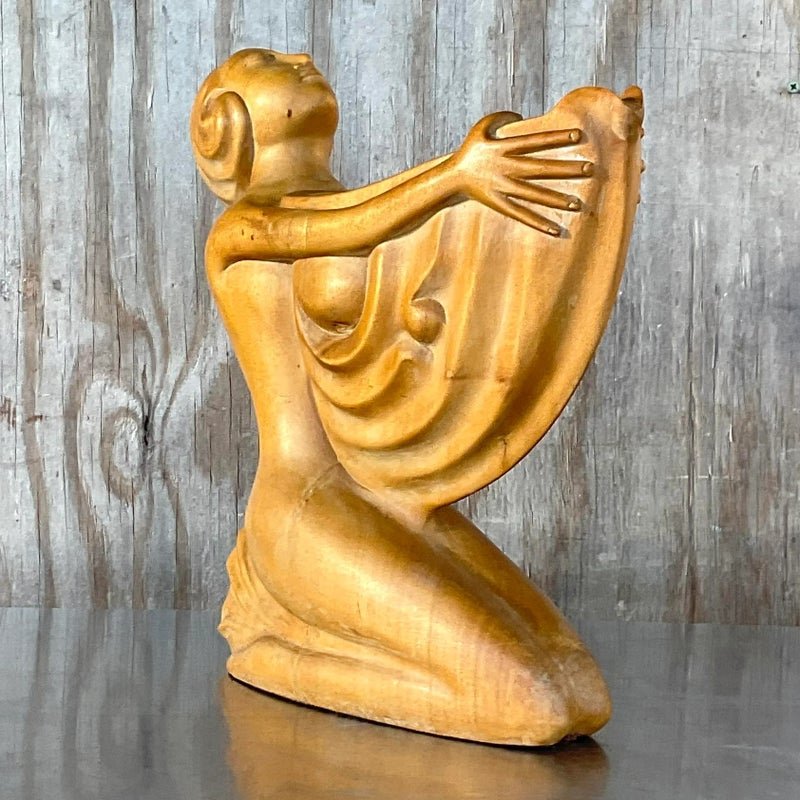 Vintage Boho Hand Carved Wooden Lady With Nautilus - Back view