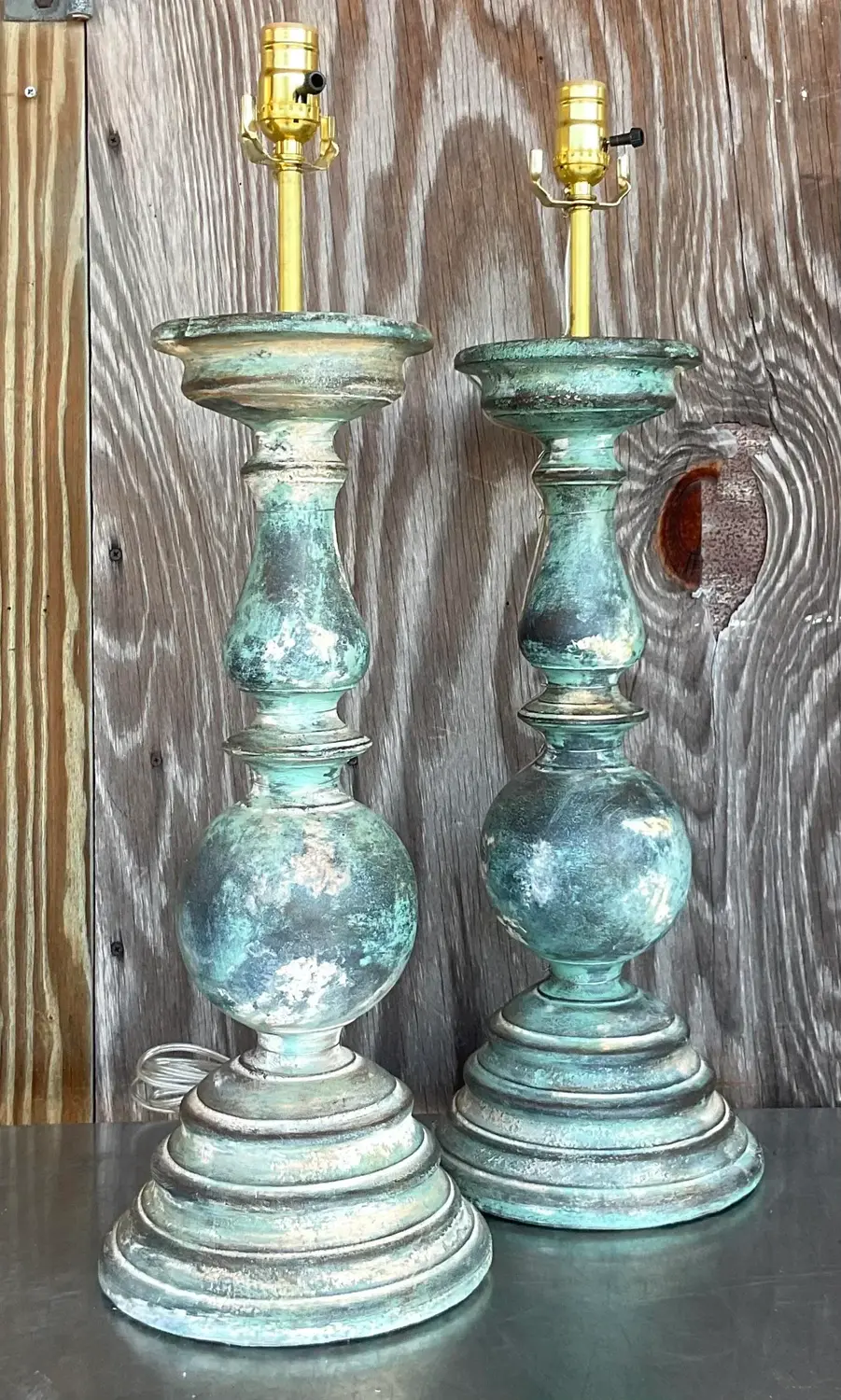 Vintage Boho Hand Painted Balustrade Lamps - a Pair - Detail view