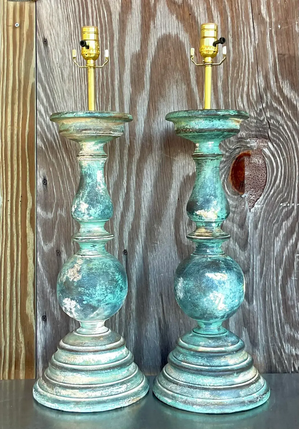 Vintage Boho Hand Painted Balustrade Lamps - a Pair - Top view