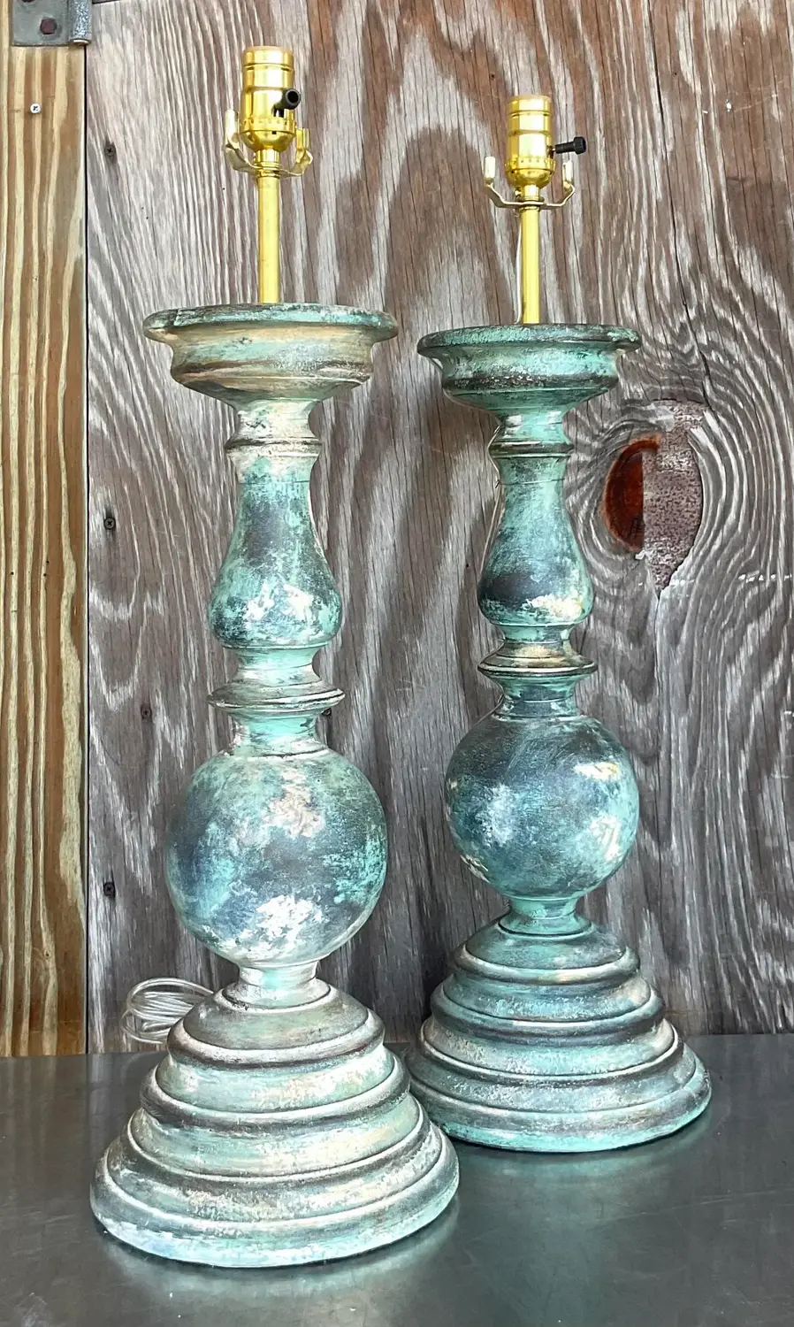 Vintage Boho Hand Painted Balustrade Lamps - a Pair - Back view