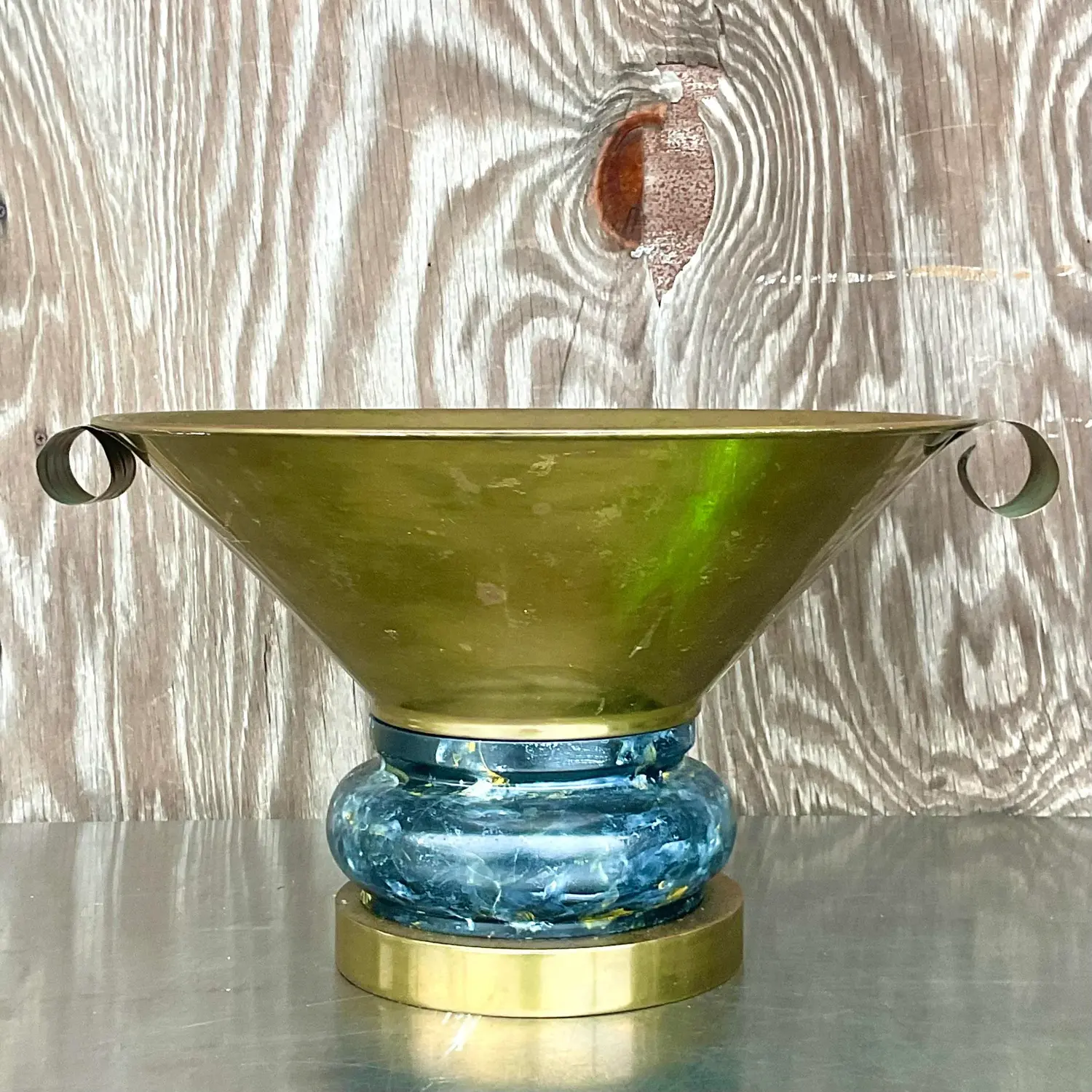 Vintage Boho Hand Painted Brass Centerpiece Bowl - Back view