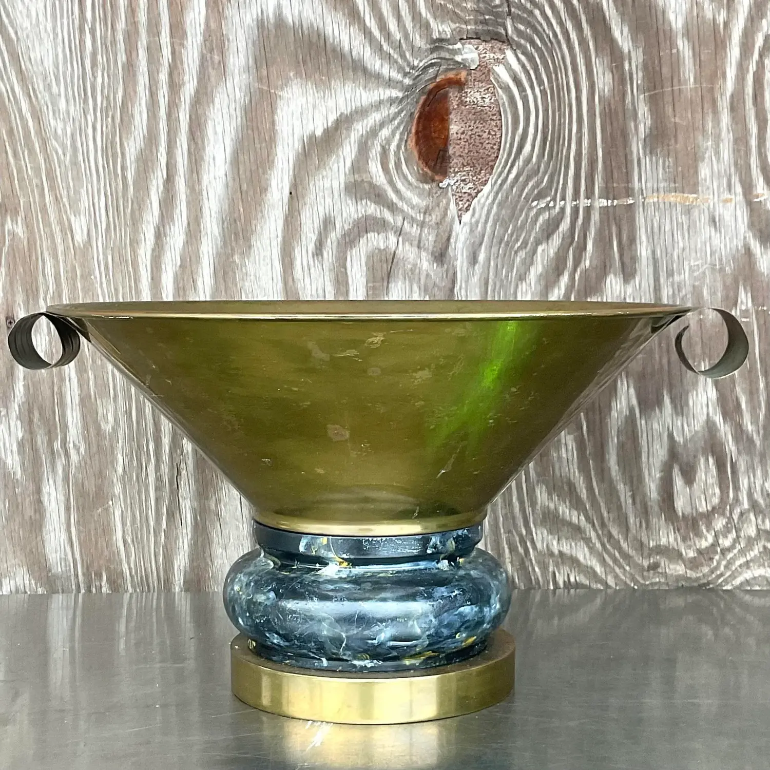 Vintage Boho Hand Painted Brass Centerpiece Bowl - Detail view