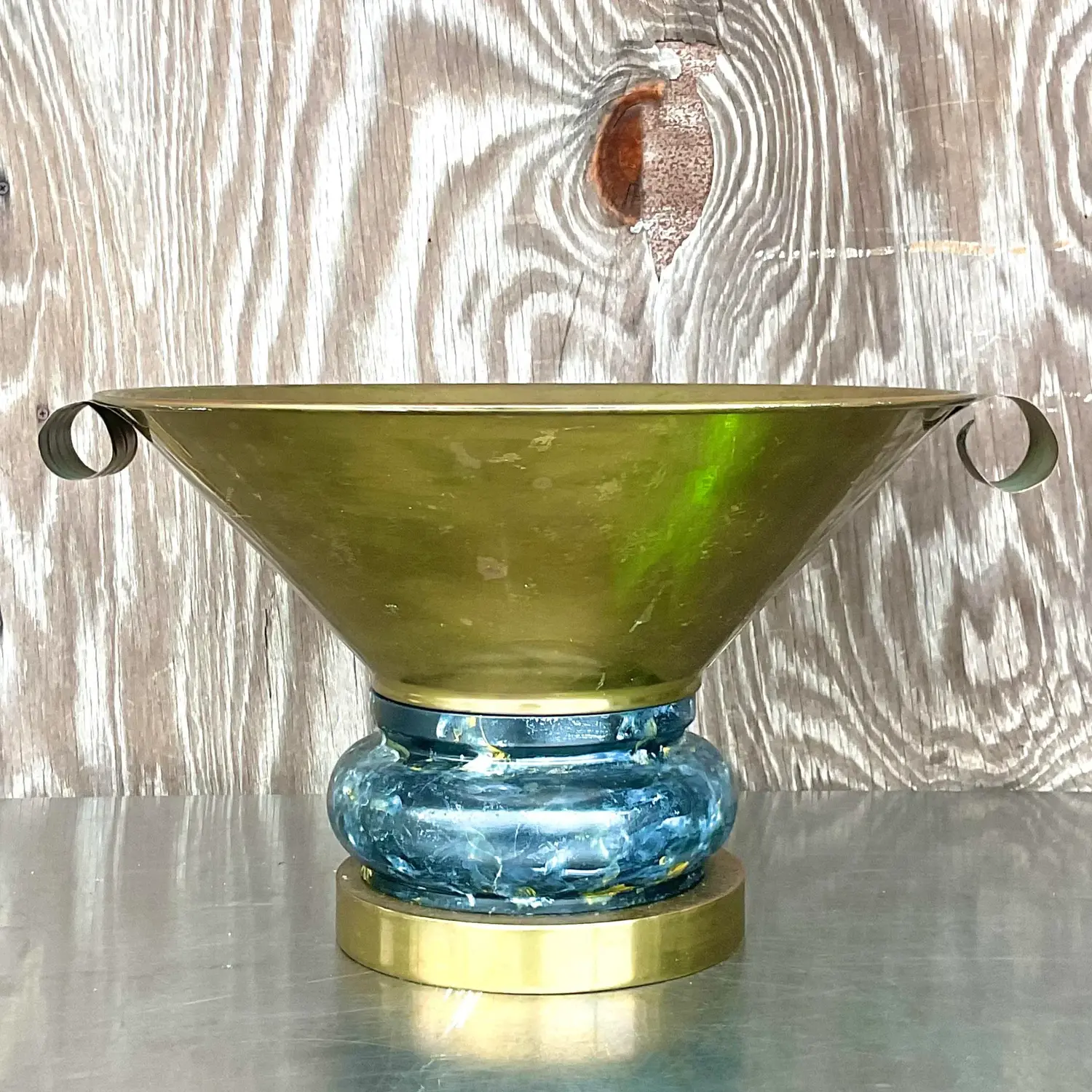 Vintage Boho Hand Painted Brass Centerpiece Bowl - Side view