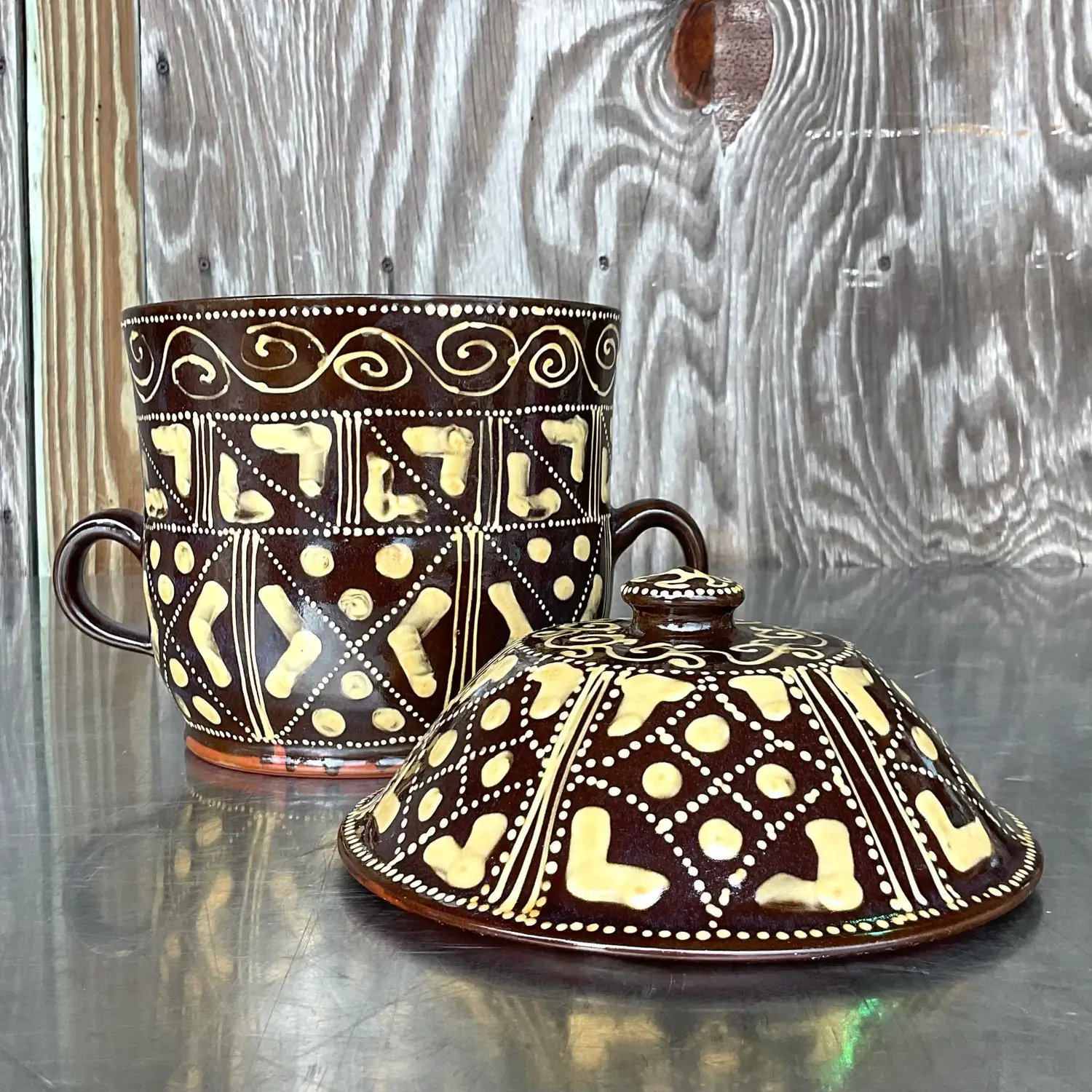 Vintage Boho Hand Painted Ceramic Chocolate Pot - Top view