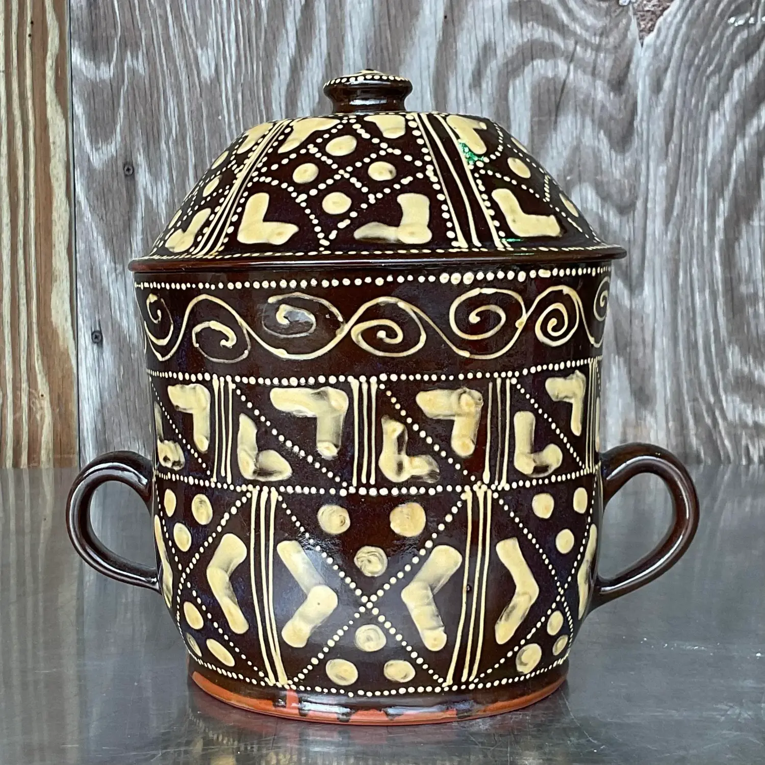 Vintage Boho Hand Painted Ceramic Chocolate Pot - Back view