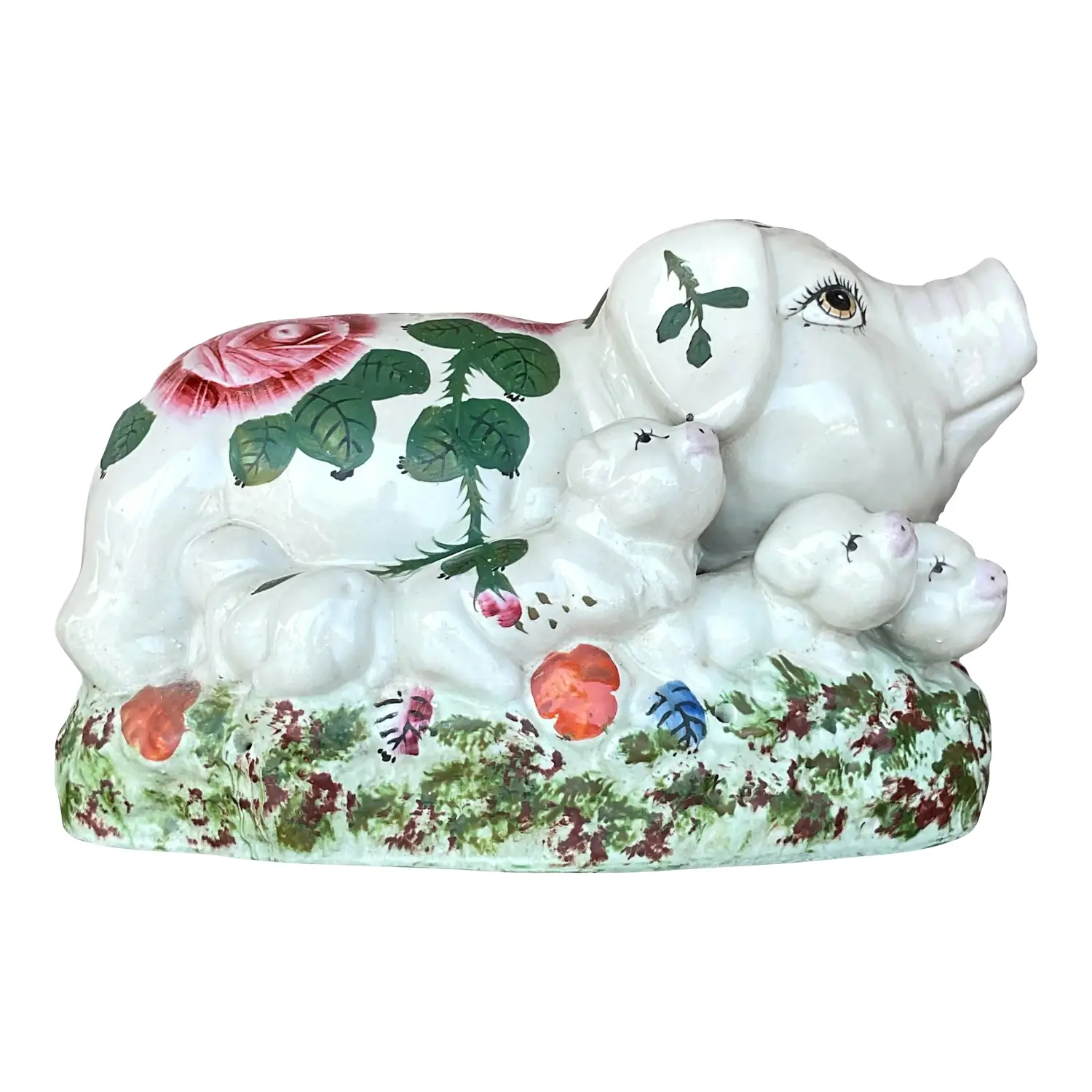 Vintage Boho Hand Painted Ceramic Pig Family