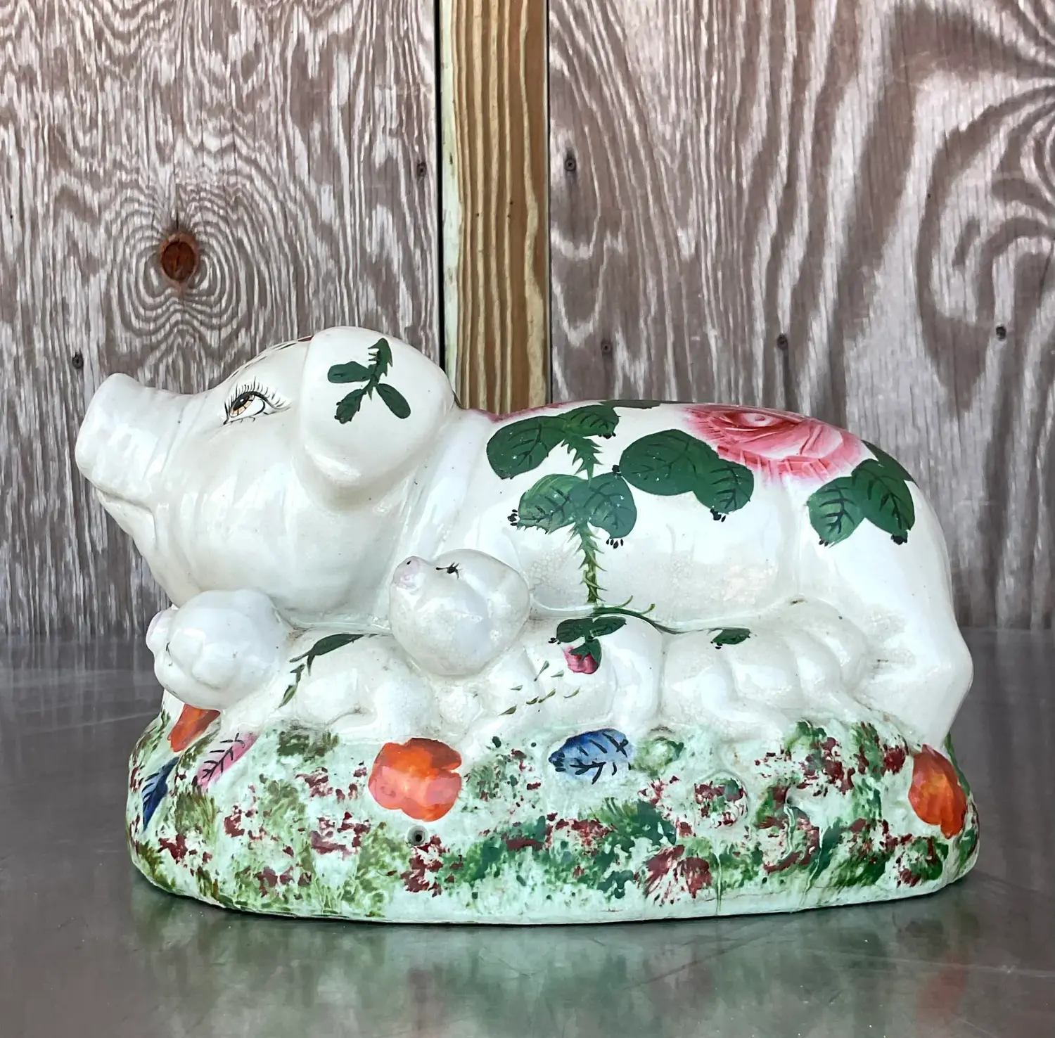 Vintage Boho Hand Painted Ceramic Pig Family - Detail view