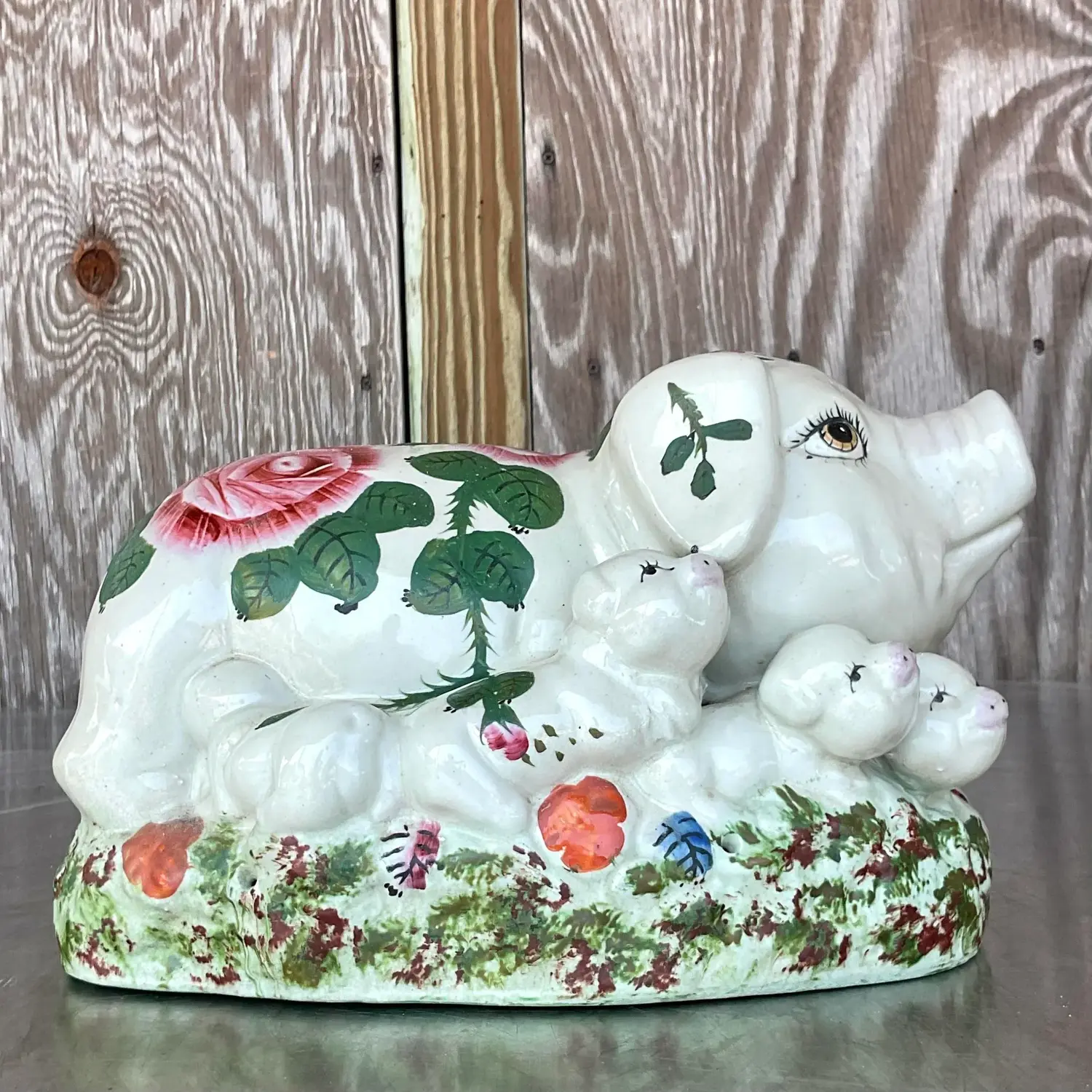 Vintage Boho Hand Painted Ceramic Pig Family - Side view