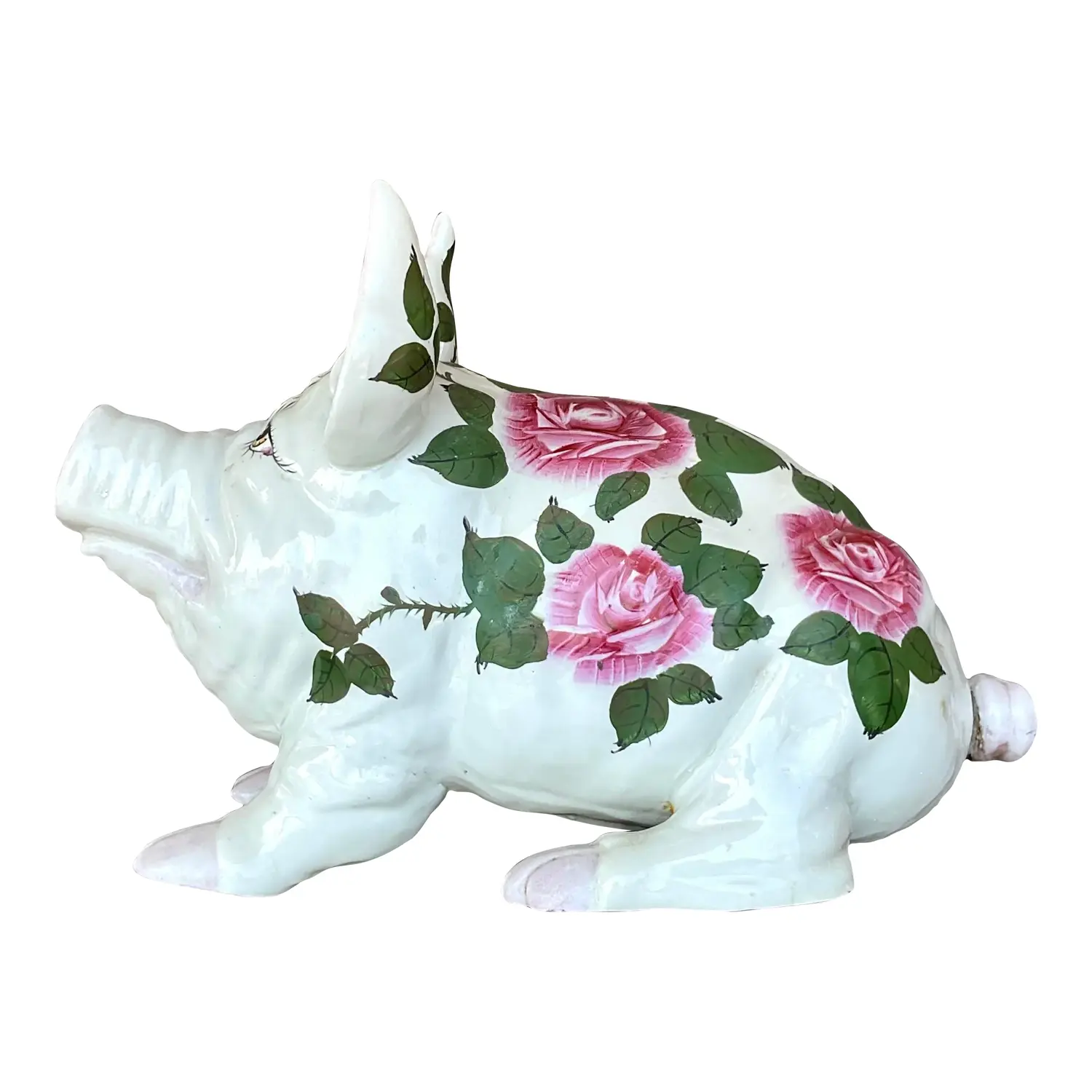 Vintage Boho Hand Painted Ceramic Pig With Roses