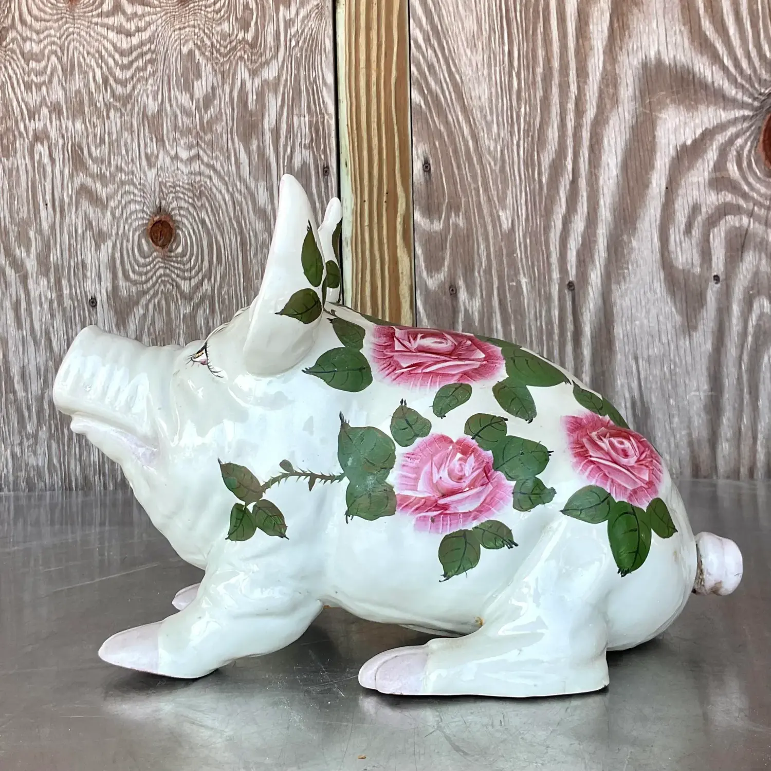 Vintage Boho Hand Painted Ceramic Pig With Roses - Detail view