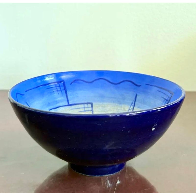 Vintage Boho Hand-Painted Cobalt Blue Bowl - Top view