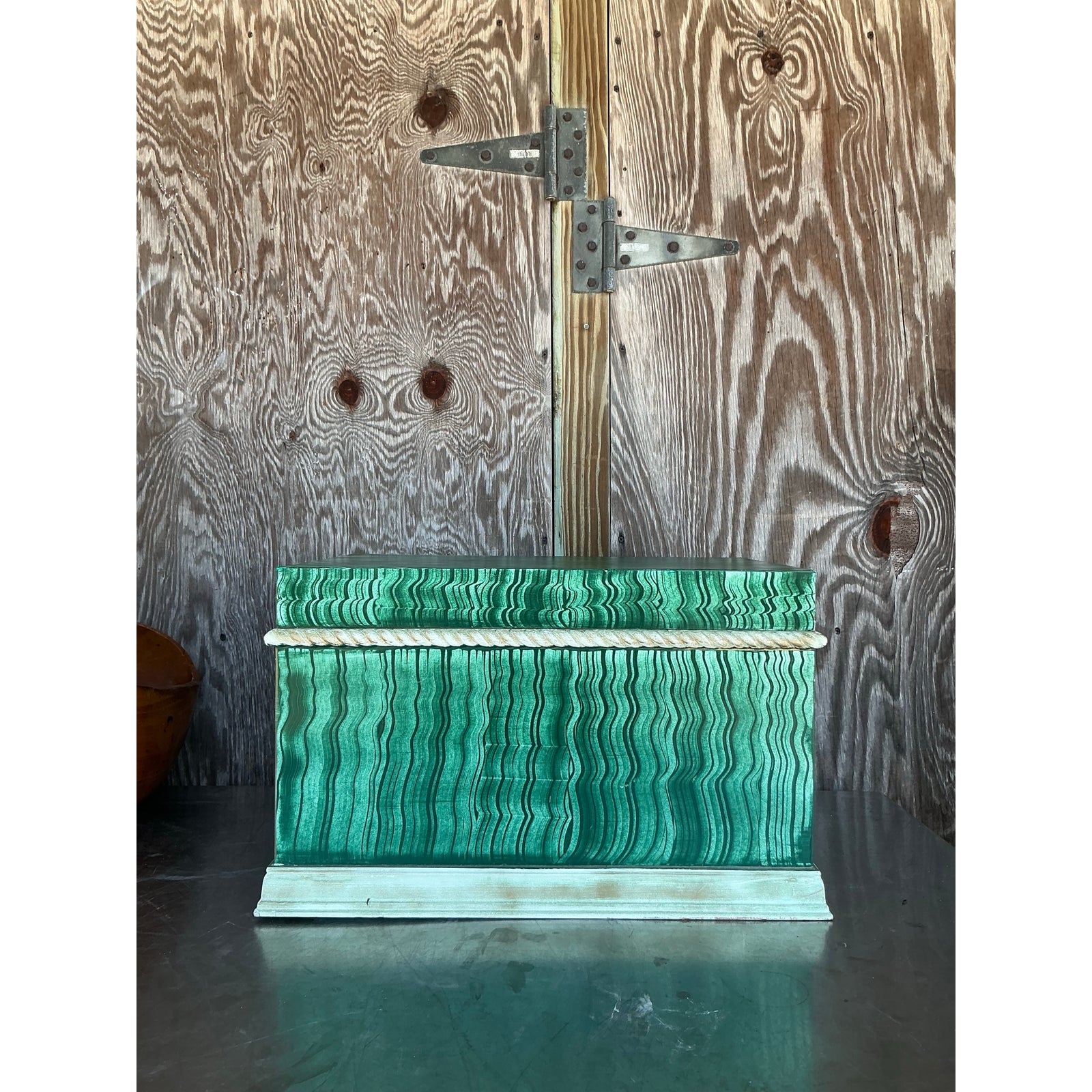 Vintage Boho Hand Painted Faux Malachite Box - Back view