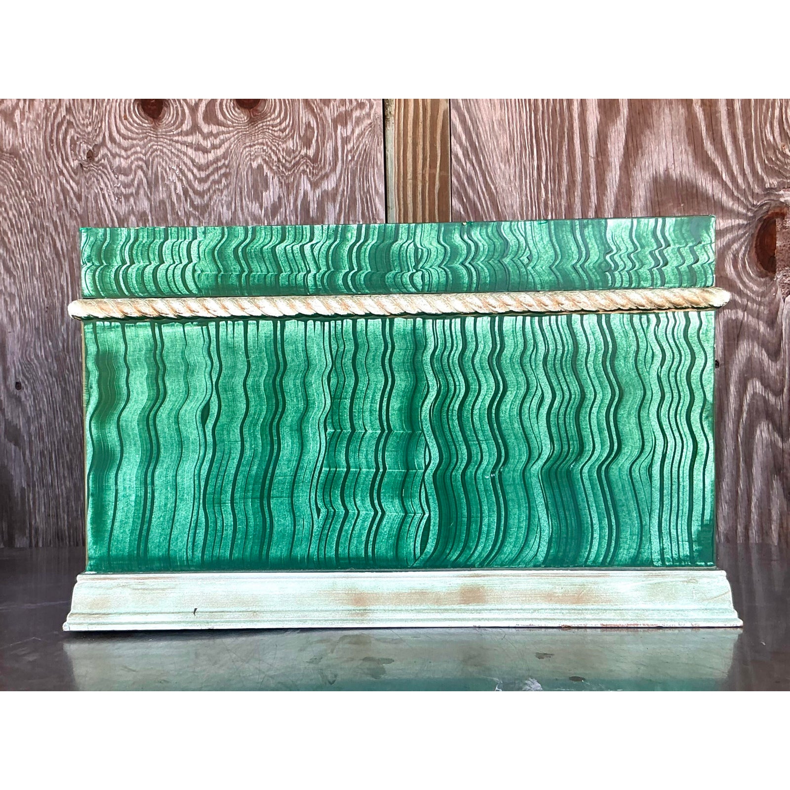 Vintage Boho Hand Painted Faux Malachite Box - Side view