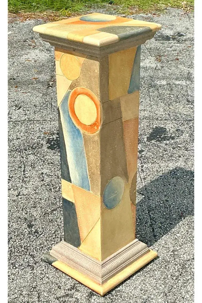 Vintage Boho Hand Painted Geometric Pedestal - Side view