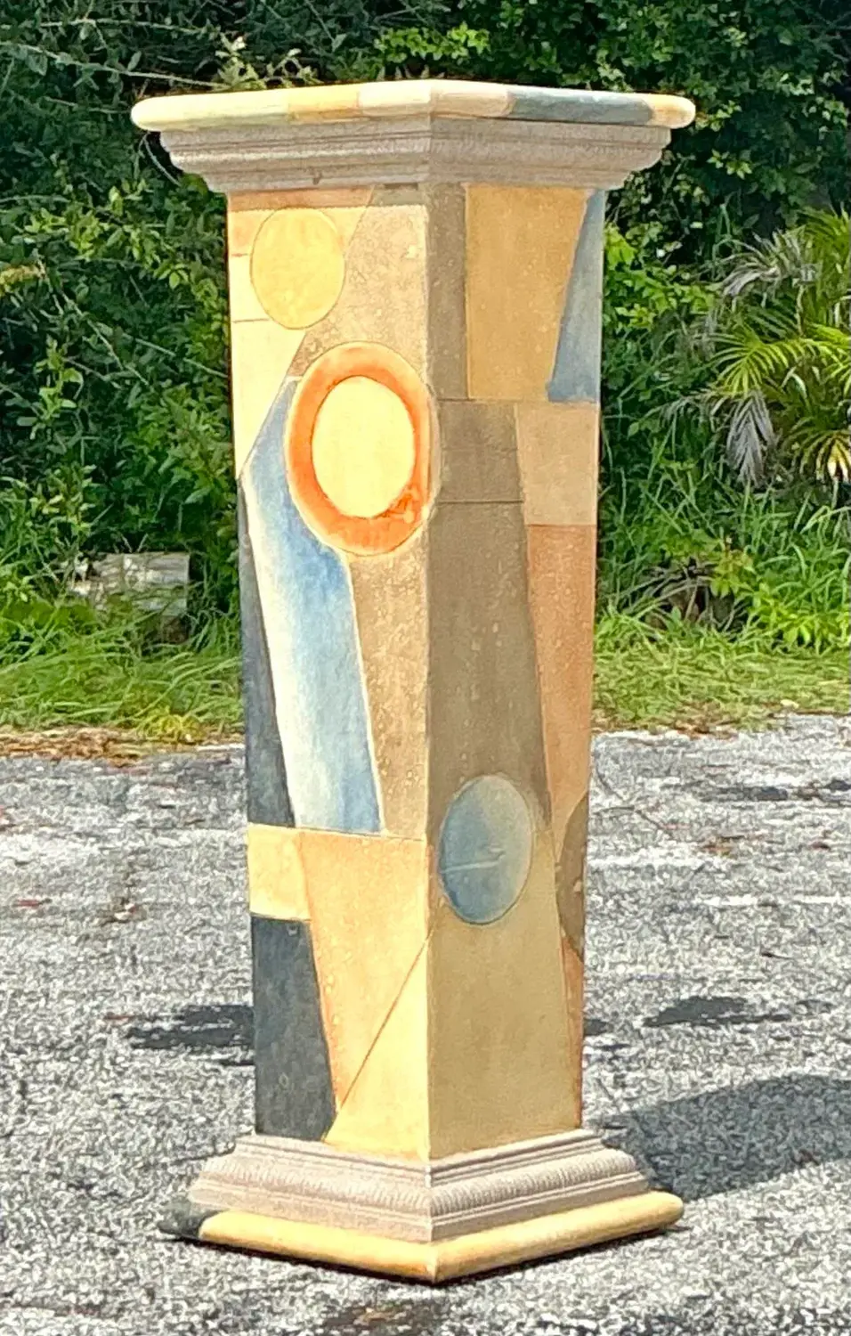 Vintage Boho Hand Painted Geometric Pedestal - Back view