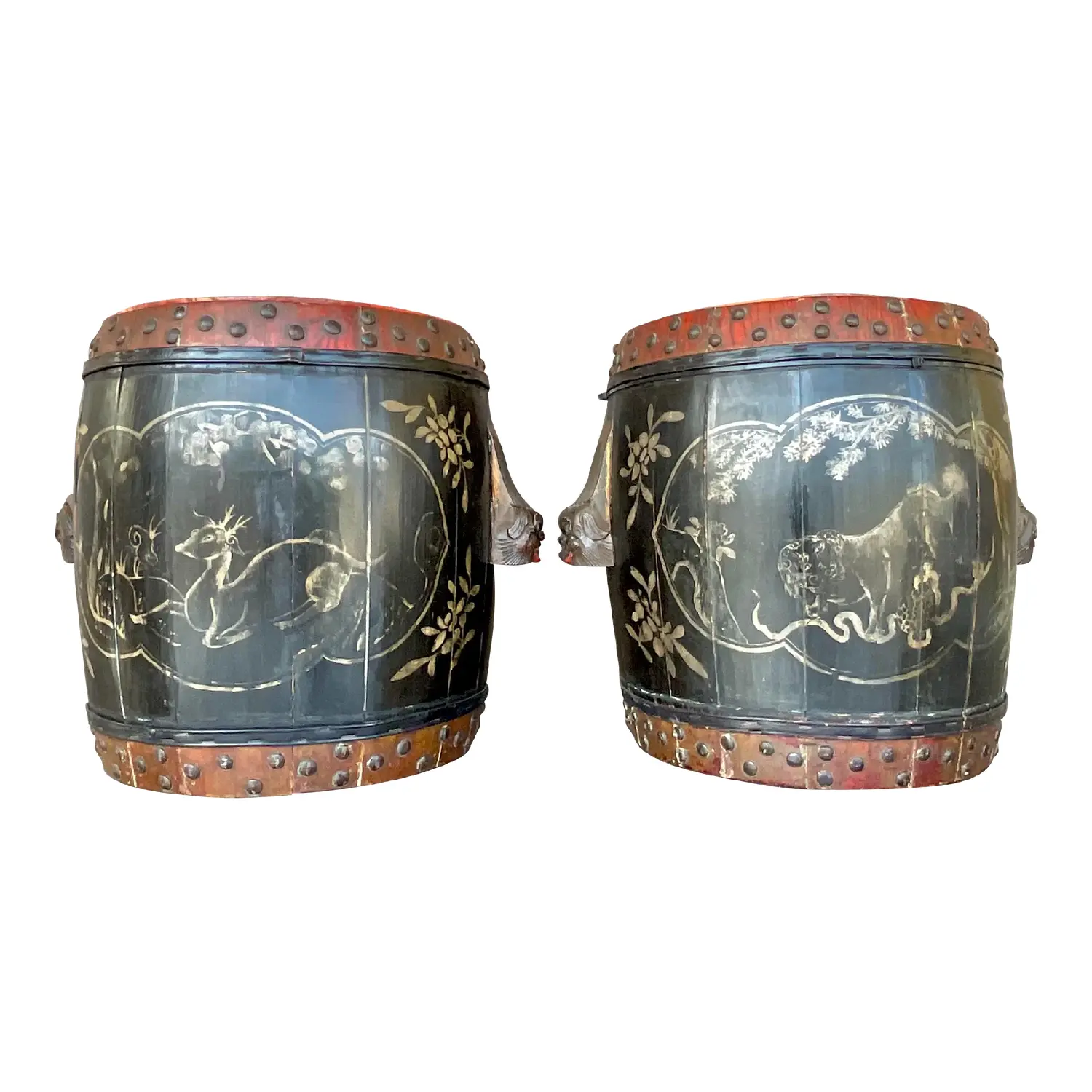 Vintage Boho Hand Painted Lidded Drums - a Pair
