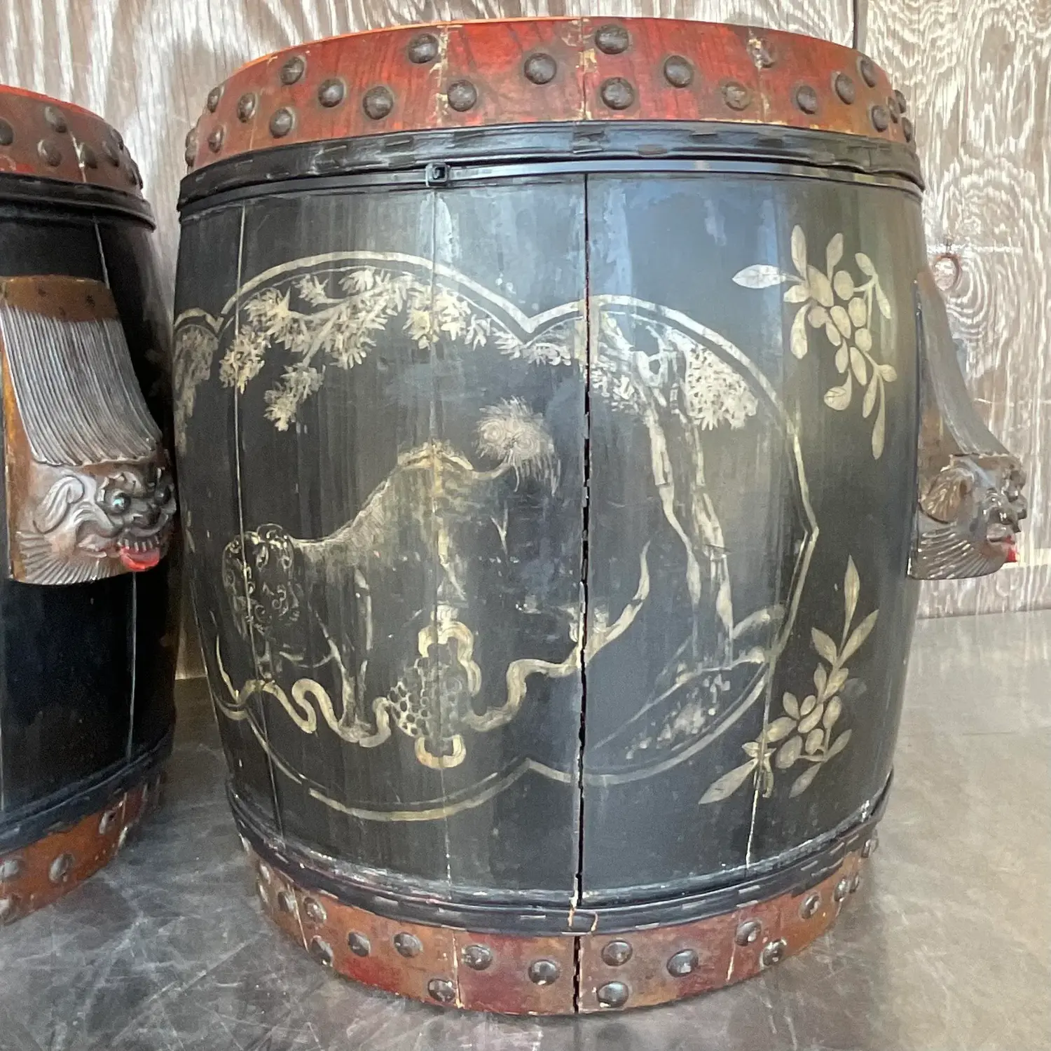 Vintage Boho Hand Painted Lidded Drums - a Pair - Detail view
