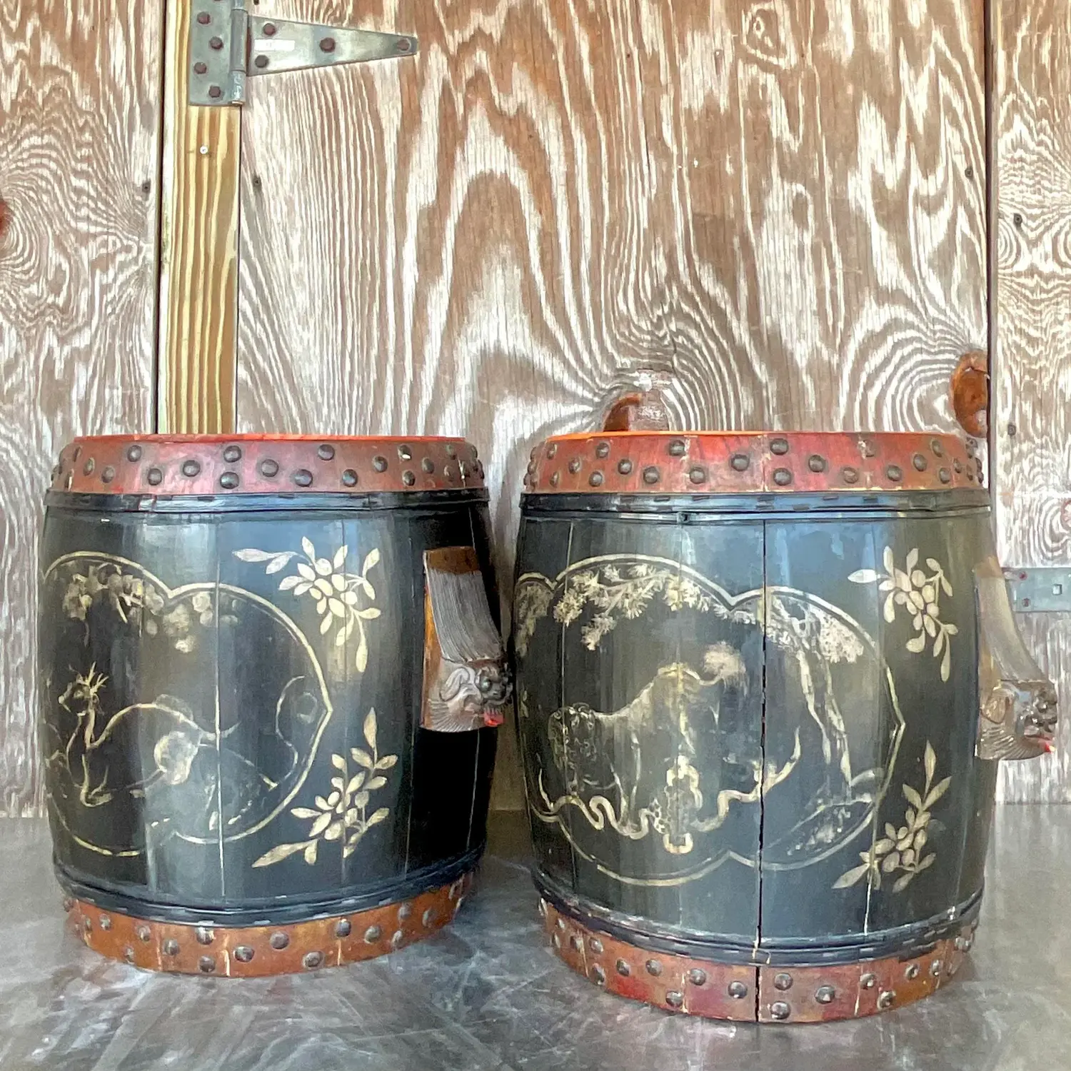 Vintage Boho Hand Painted Lidded Drums - a Pair - Back view