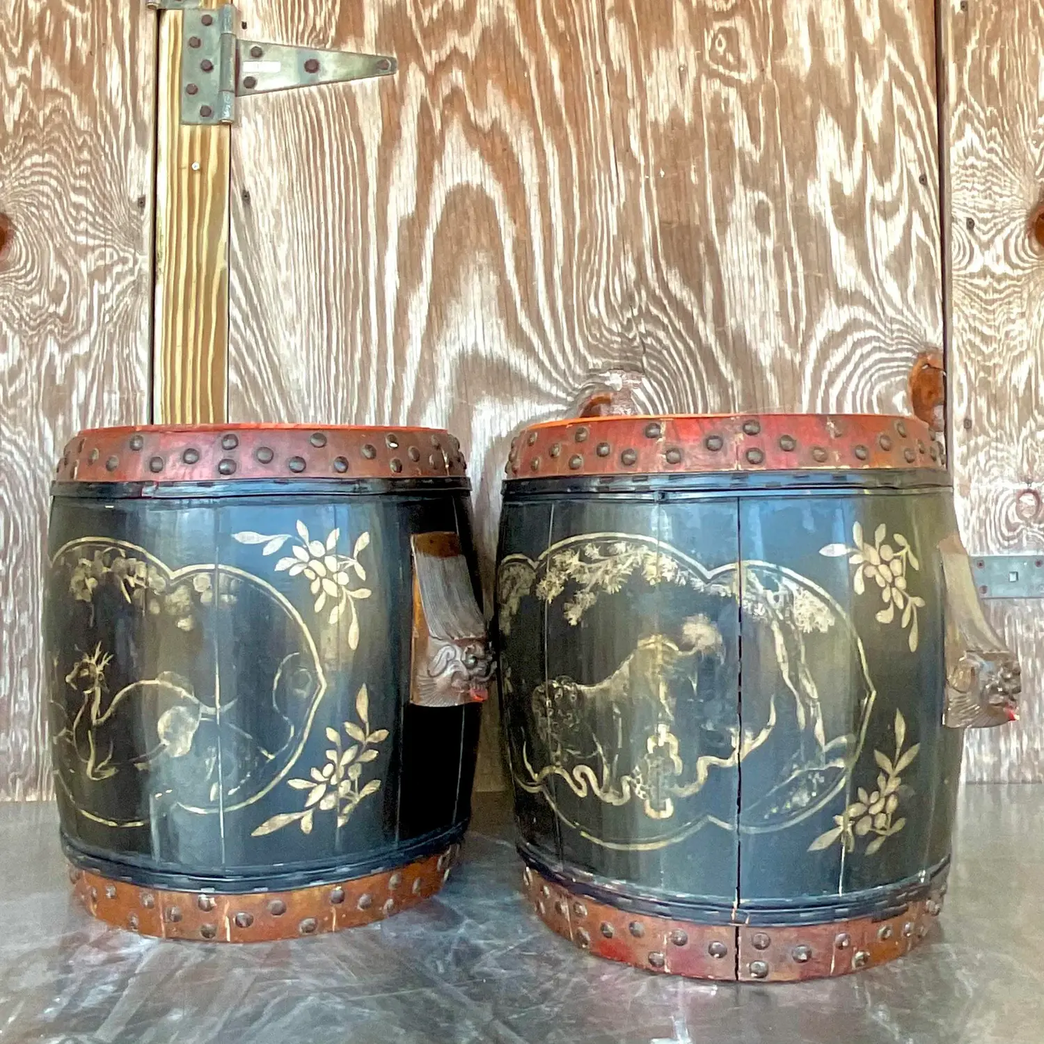 Vintage Boho Hand Painted Lidded Drums - a Pair - Side view