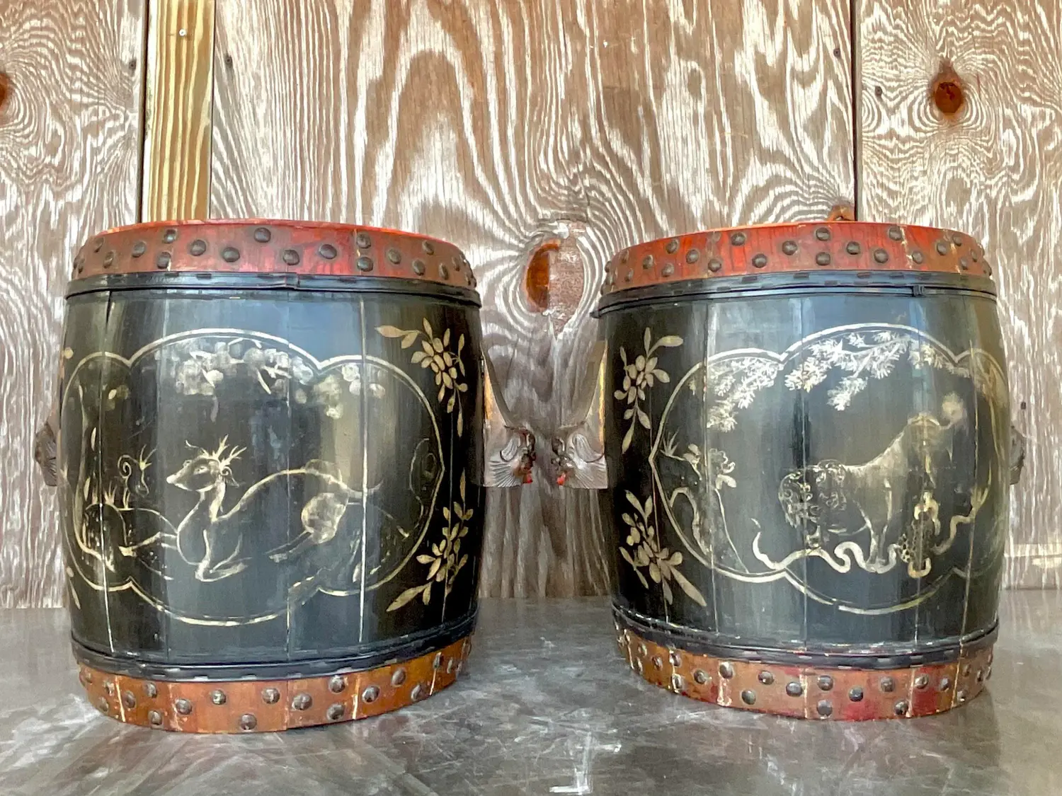 Vintage Boho Hand Painted Lidded Drums - a Pair - Top view
