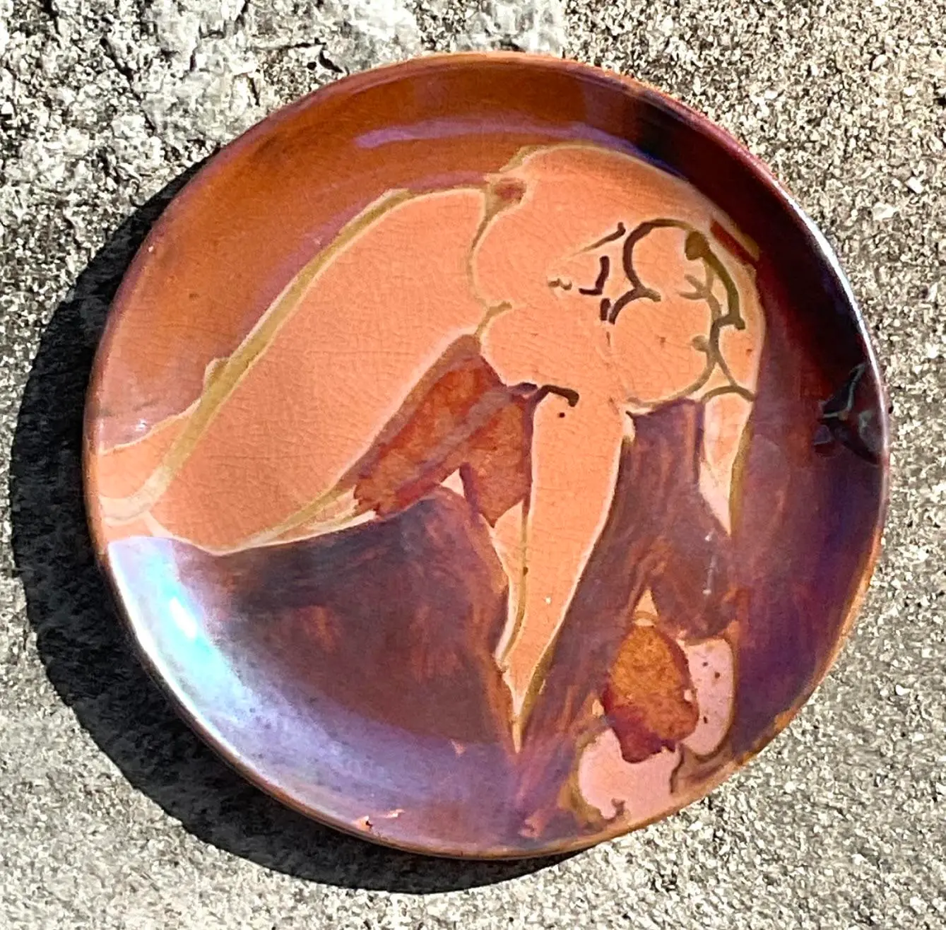 Vintage Boho Hand Painted Nude Studio Pottery Plate - Top view